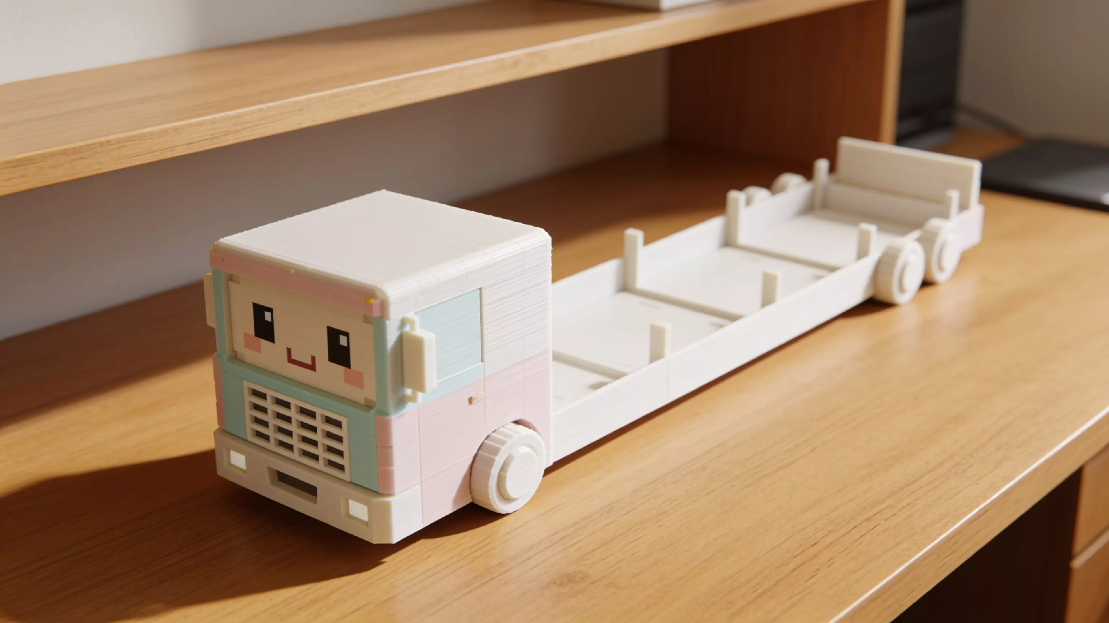 A pastel "future truck" desk shelf that carries 4 real DGX Spark units (150 × 150 × 50.5 mm) lying flat in a long row along the truck bed — built as a modular train of identical cargo bays between a cute pixel-face cab and a styled tail, on decorative six-wheel running gear.