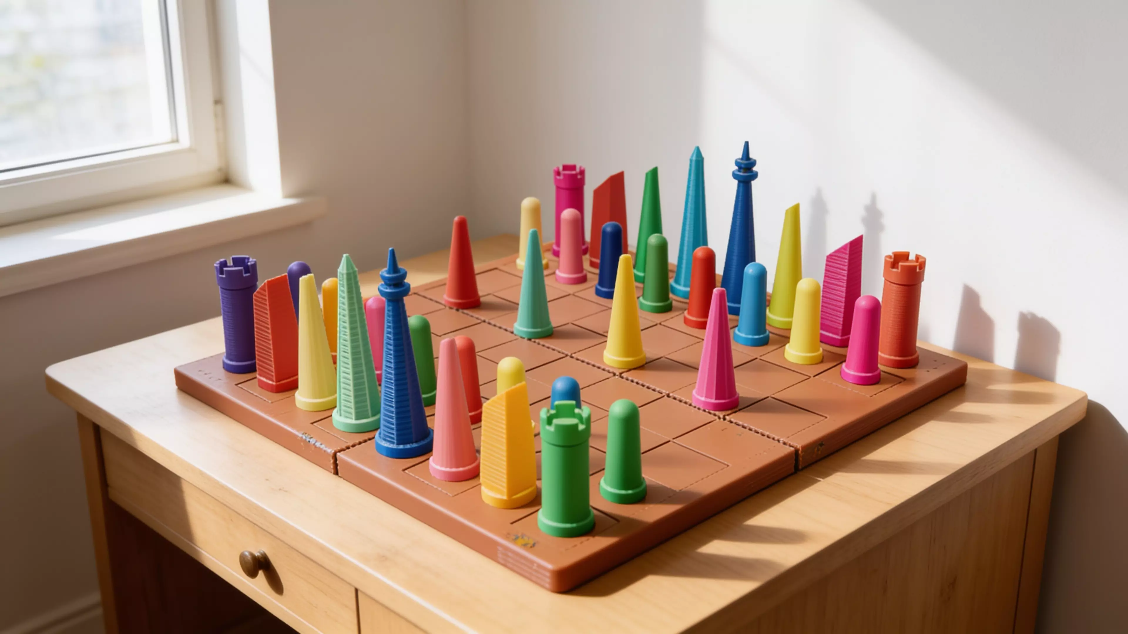 A 3D-printable alignment themed san francisco chess set (f).