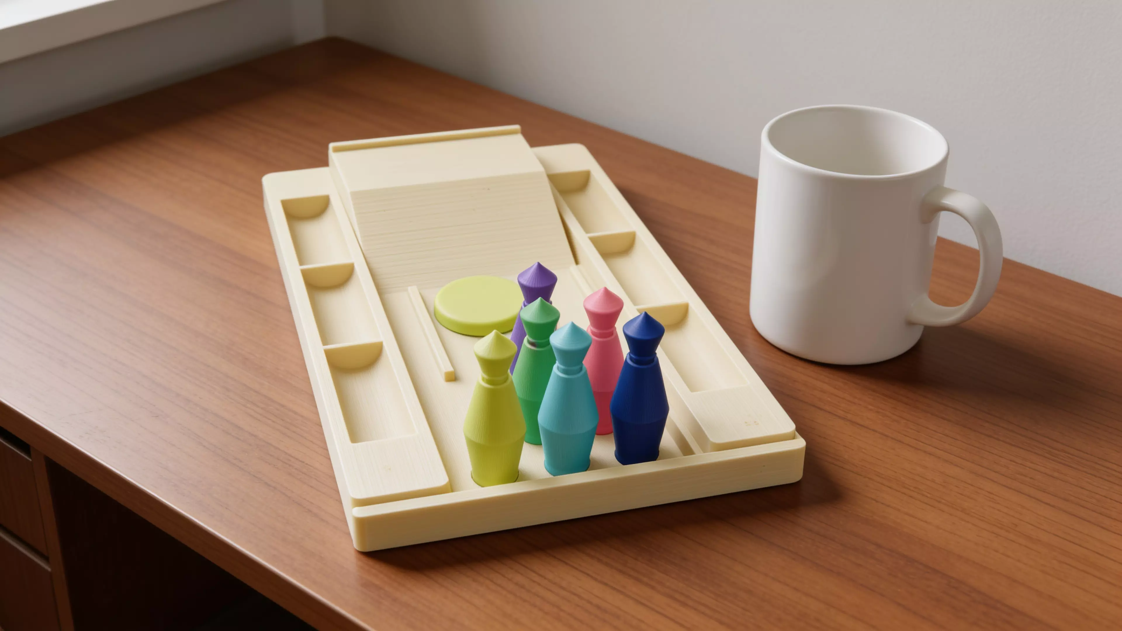 A pocket bowling toy: a lane tray that ramps into a flick-launch pad and doubles as nested storage, six molded pins in a 3-2-1 triangle, and one flick disc — flick the disc off the ramp to send it down the lane into the pins.