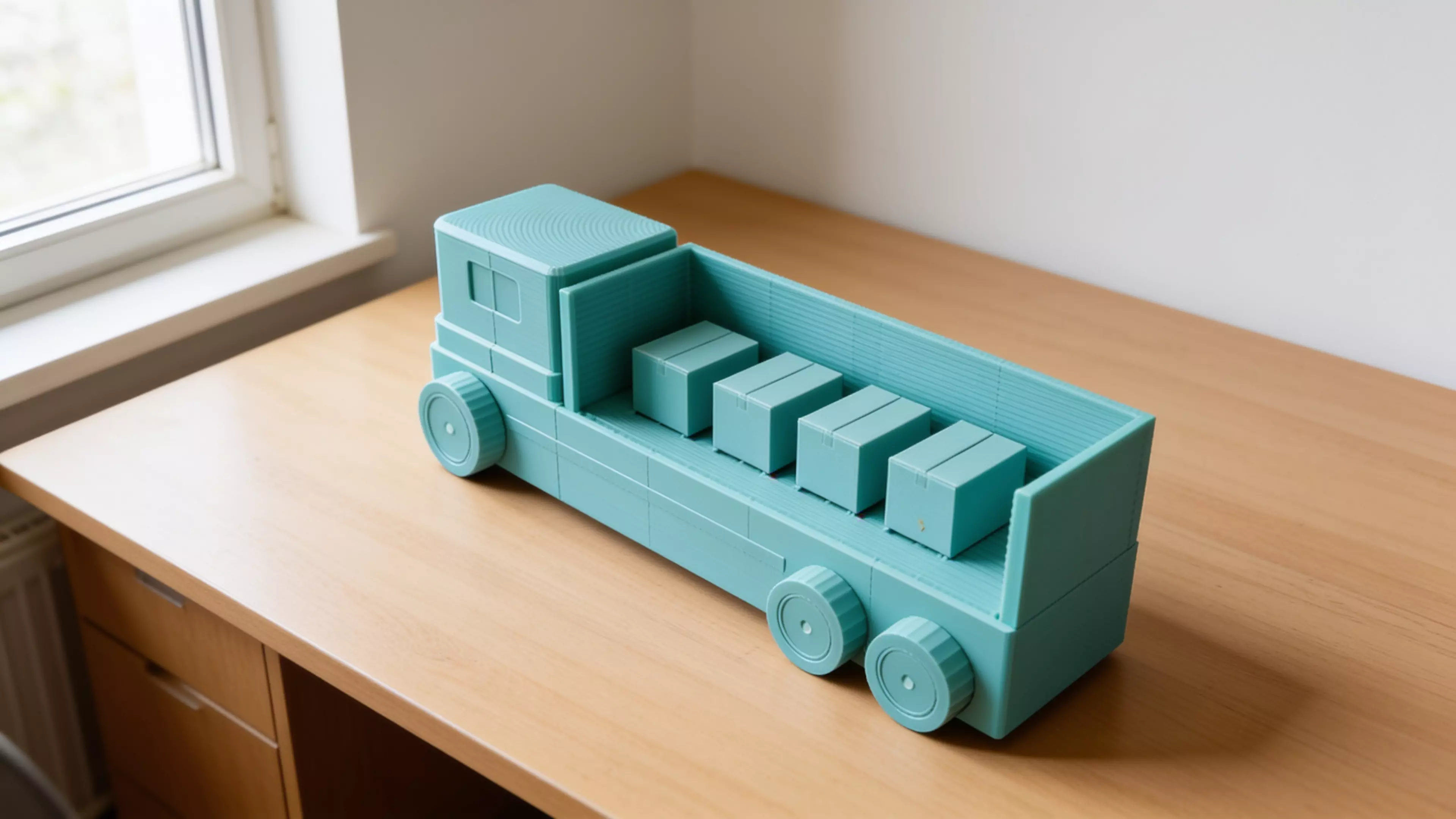 Design a unique, cute, vibrant futuristic truck-shaped display shelf for four DGX Spark units. The design should look like a real miniature autonomous delivery truck, where the cargo body is integrated into the truck and functions as an open display shelf.

DGX Spark dimensions:
150 mm L × 150…