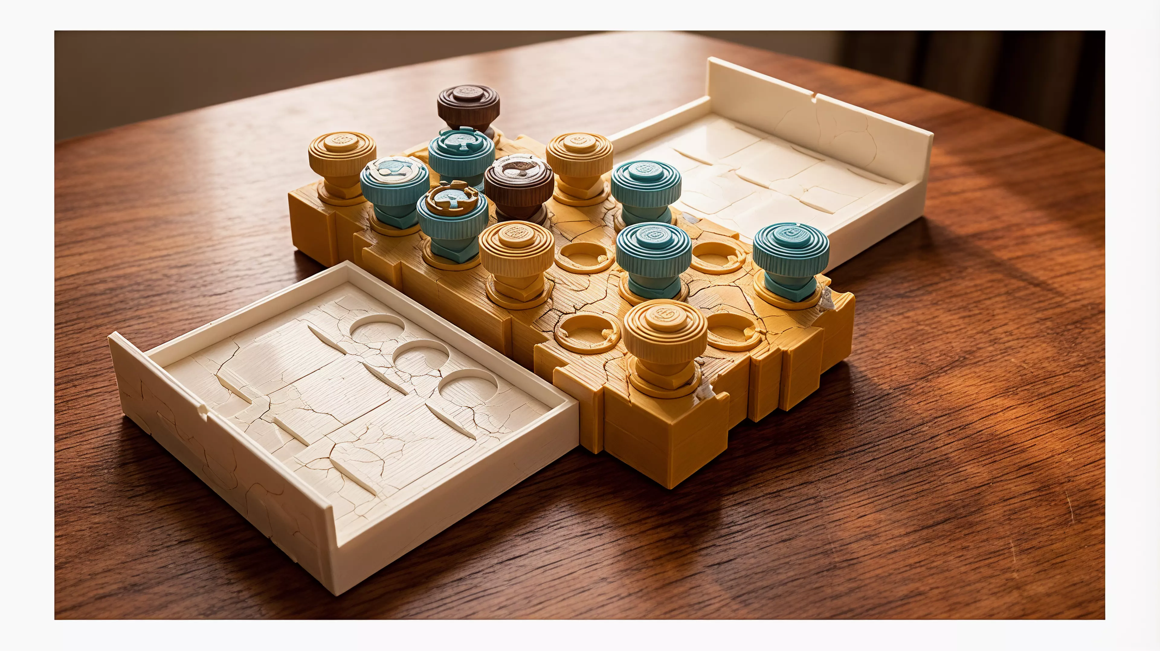 Designed for two players and a 25-minute table. Plant six hidden mushrooms, spend three probes on physical high/low readings, commit three crowns, then reveal the field and score orthogonal groves. By Alice.