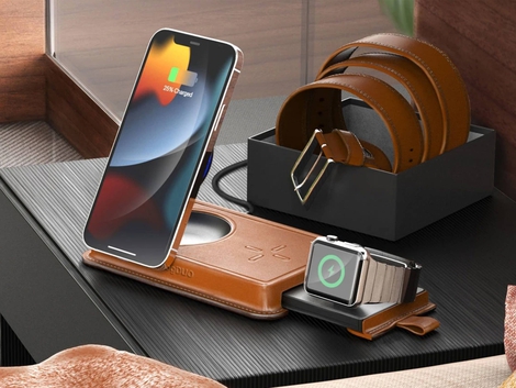 VogDUO 3-in-1 Magnetic Wireless Charger: Genuine leather design