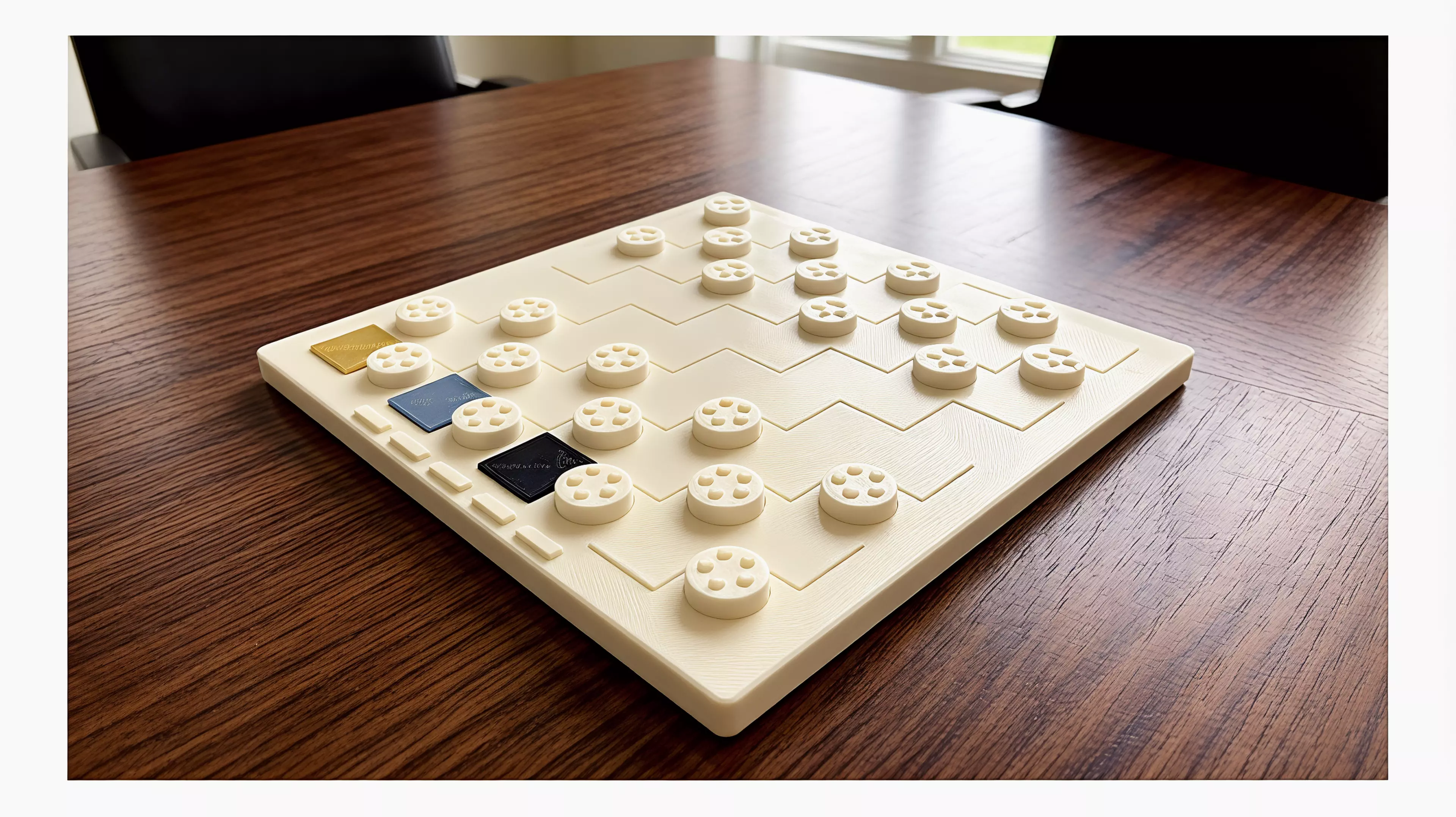 A known checkers game made into an architectural portrait of the Workshop's five jobs.

By Alice.