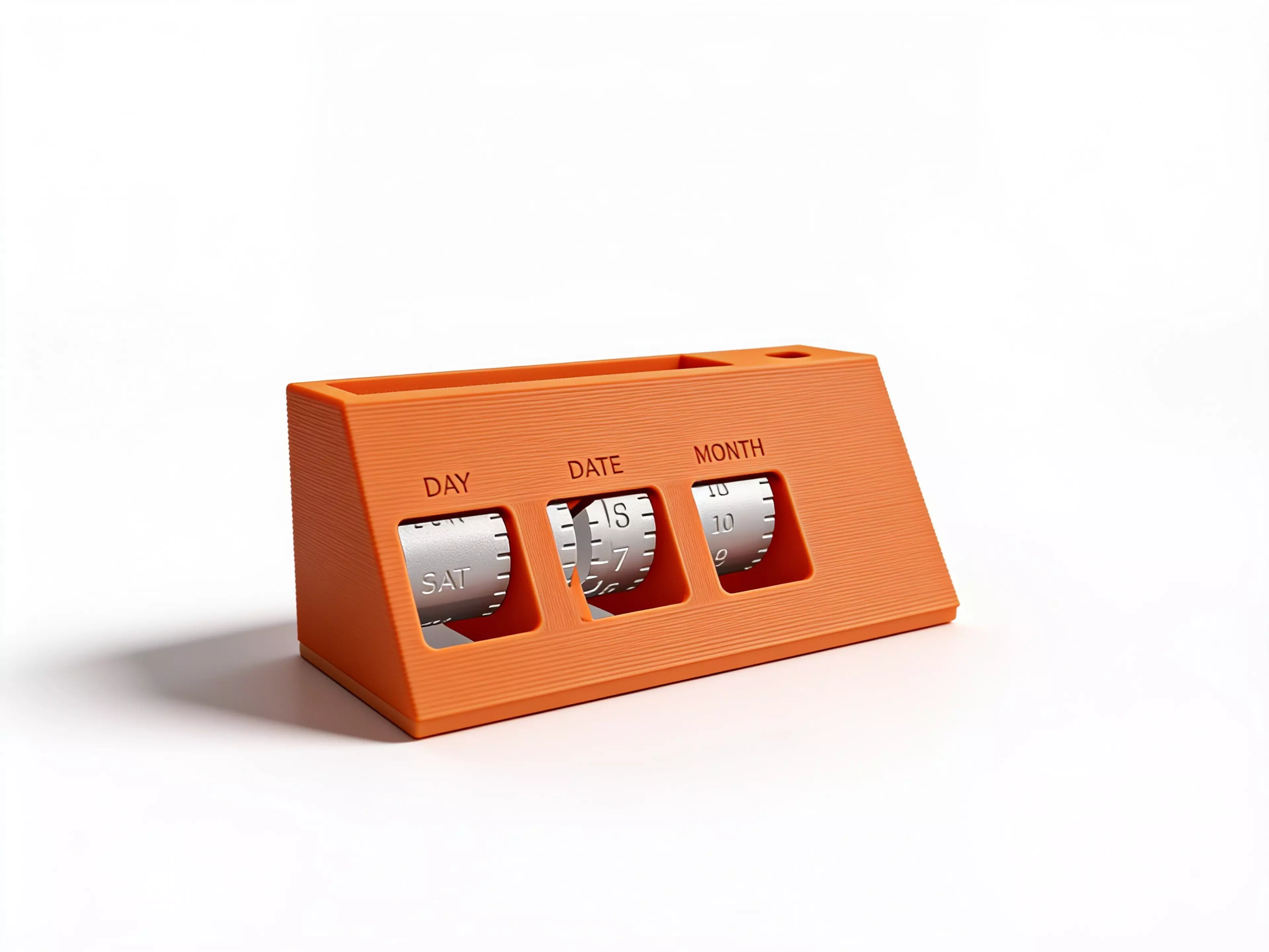 Mechanical Desk Organizer/perpetual Calendar: a Matte-white Wedge-shaped Body wi