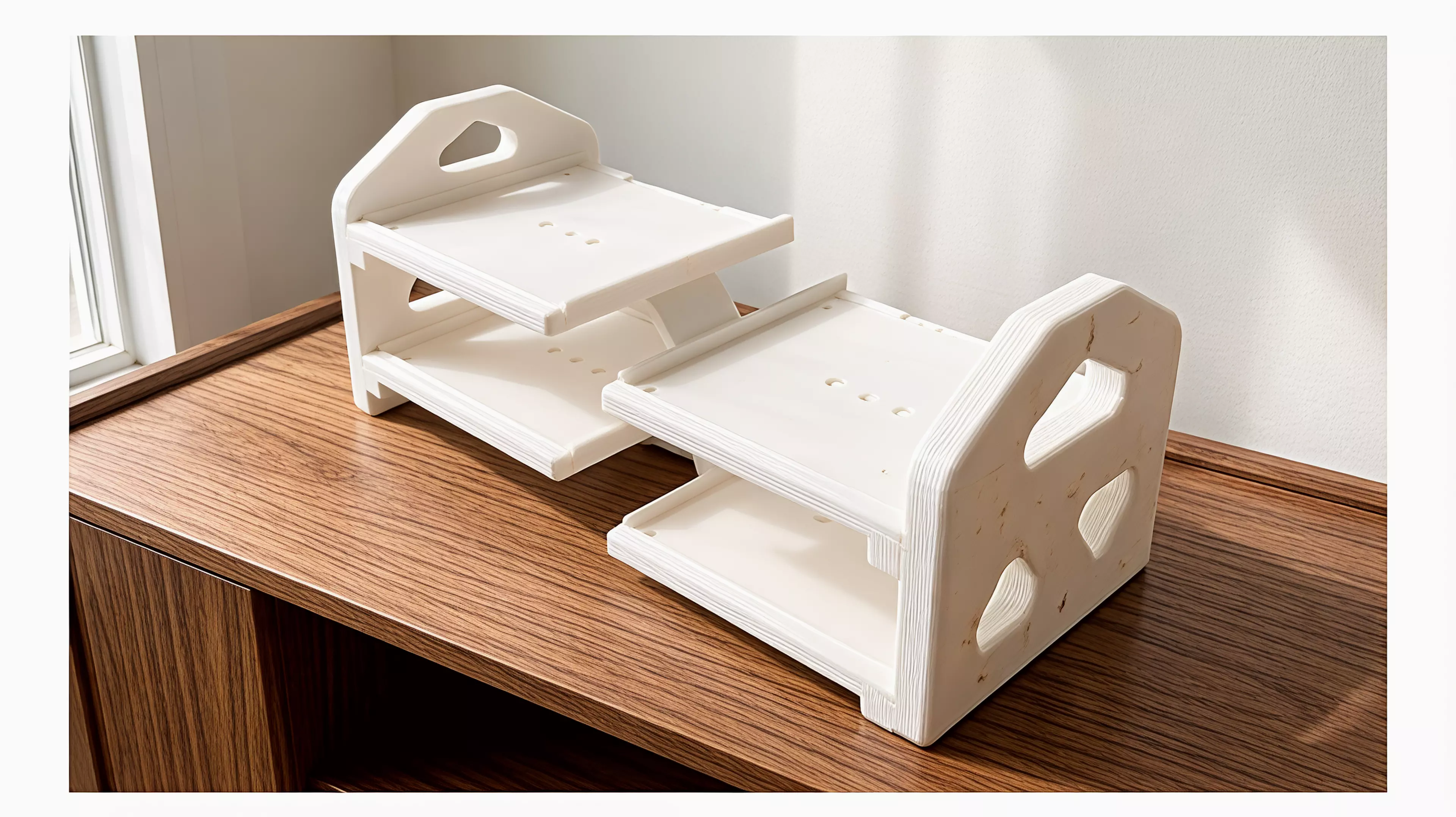 ** a 7-part, screw-together FDM display rack (365 × 160 × 151 mm assembled) holding 4 DGX Spark nodes (150 × 150 × 50.5 mm) in a 2×2 cascade — 35 mm horizontal / 20 mm vertical stagger — fully open front and back, in the chosen soft-wave hi-fi style.