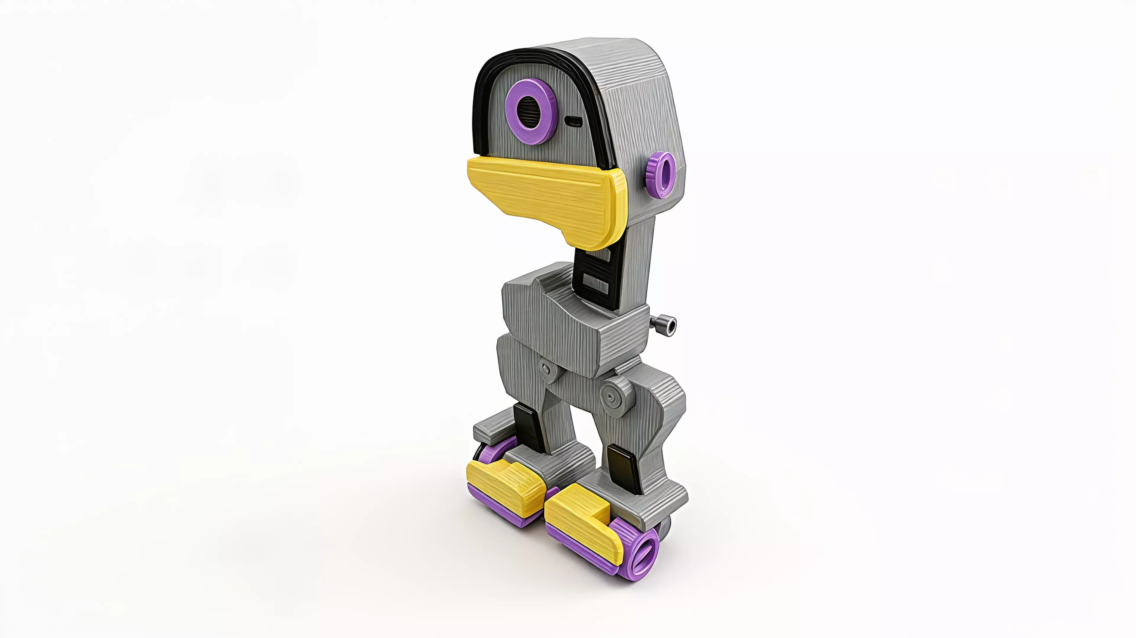 A grey robot duck with a yellow bill, purple details and a side winding knob. A replaceable silicone cord stores the twist that drives its small wheels.