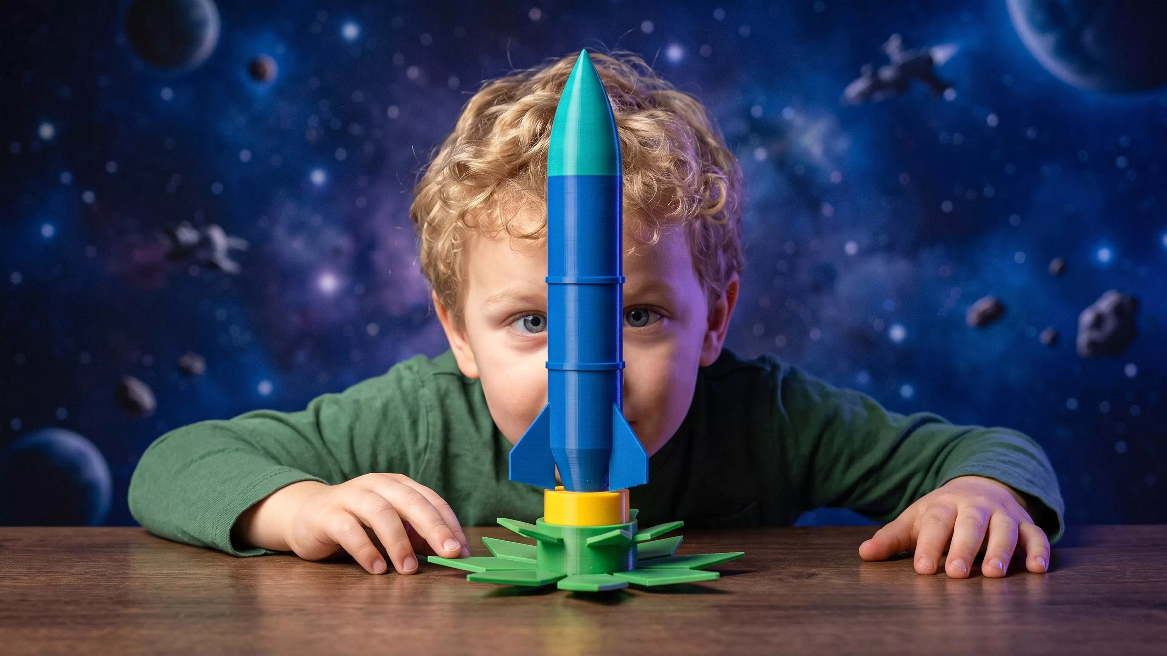 A one-of-a-kind 180 mm-tall display piece: a classic retro finned rocket that plugs into an open-bloom lotus-flower pedestal base — two separate, removable parts, each a different color.