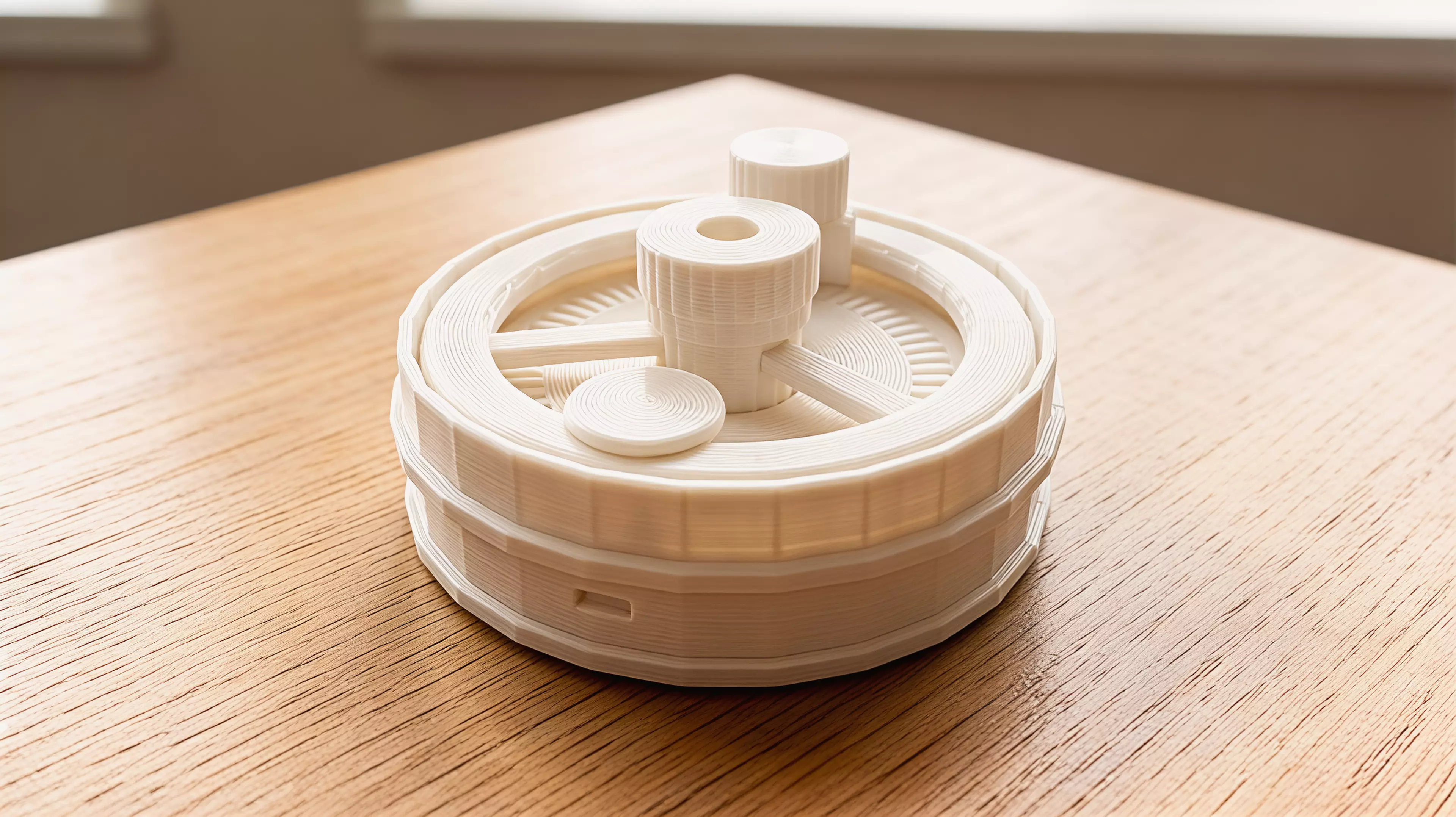 A palm-size, hand-powered desktop sound toy whose broad wheel carries a captive rounded gravity plectrum across three visibly different printed rib fields in the continuous sequence rain, frog-song, and crickets.