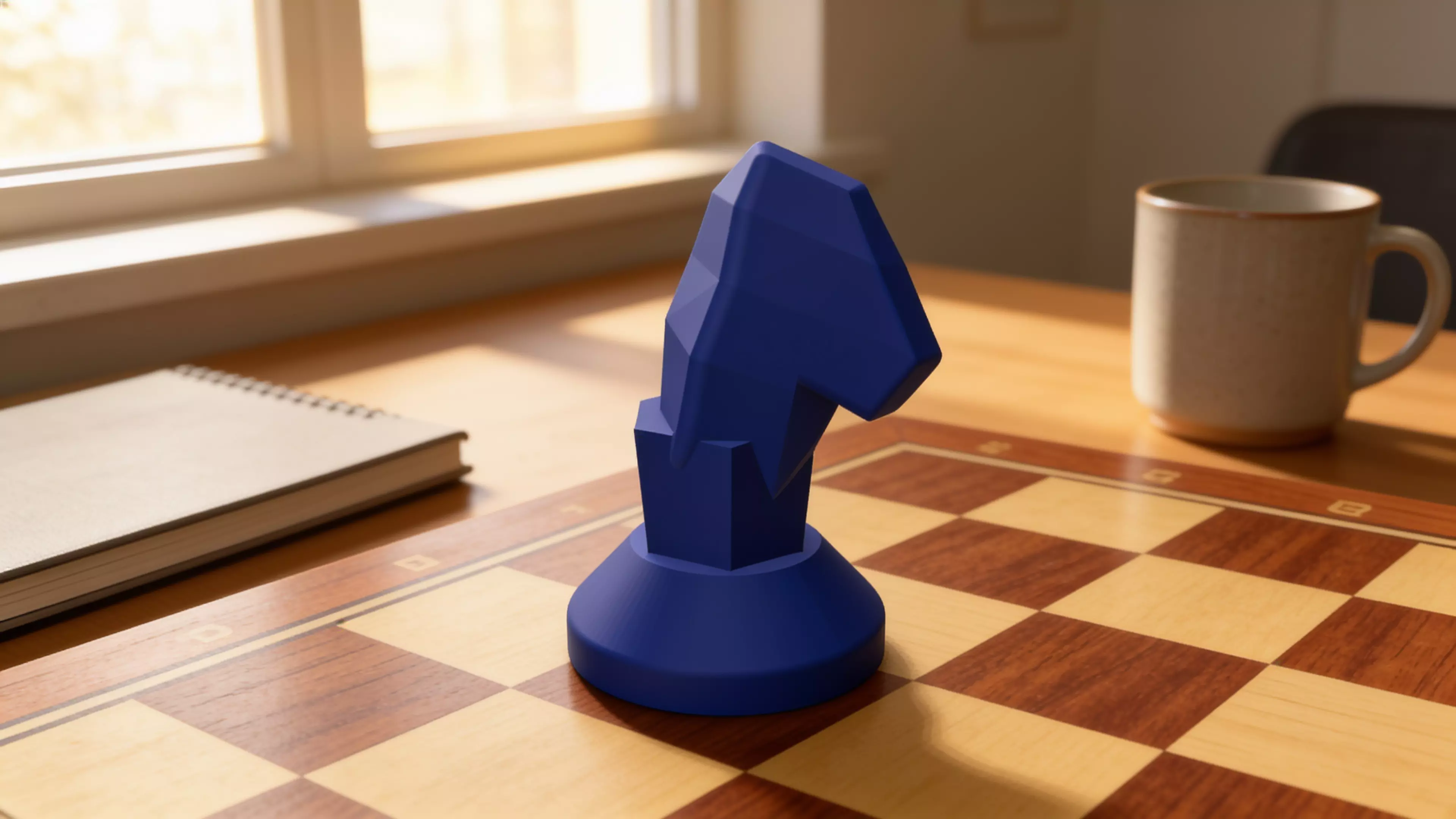 A modern-minimalist, low-poly chess Knight sized for a standard tournament set (King ≈ 95 mm reference), printed as one solid faceted piece with a felt-pad recess base.