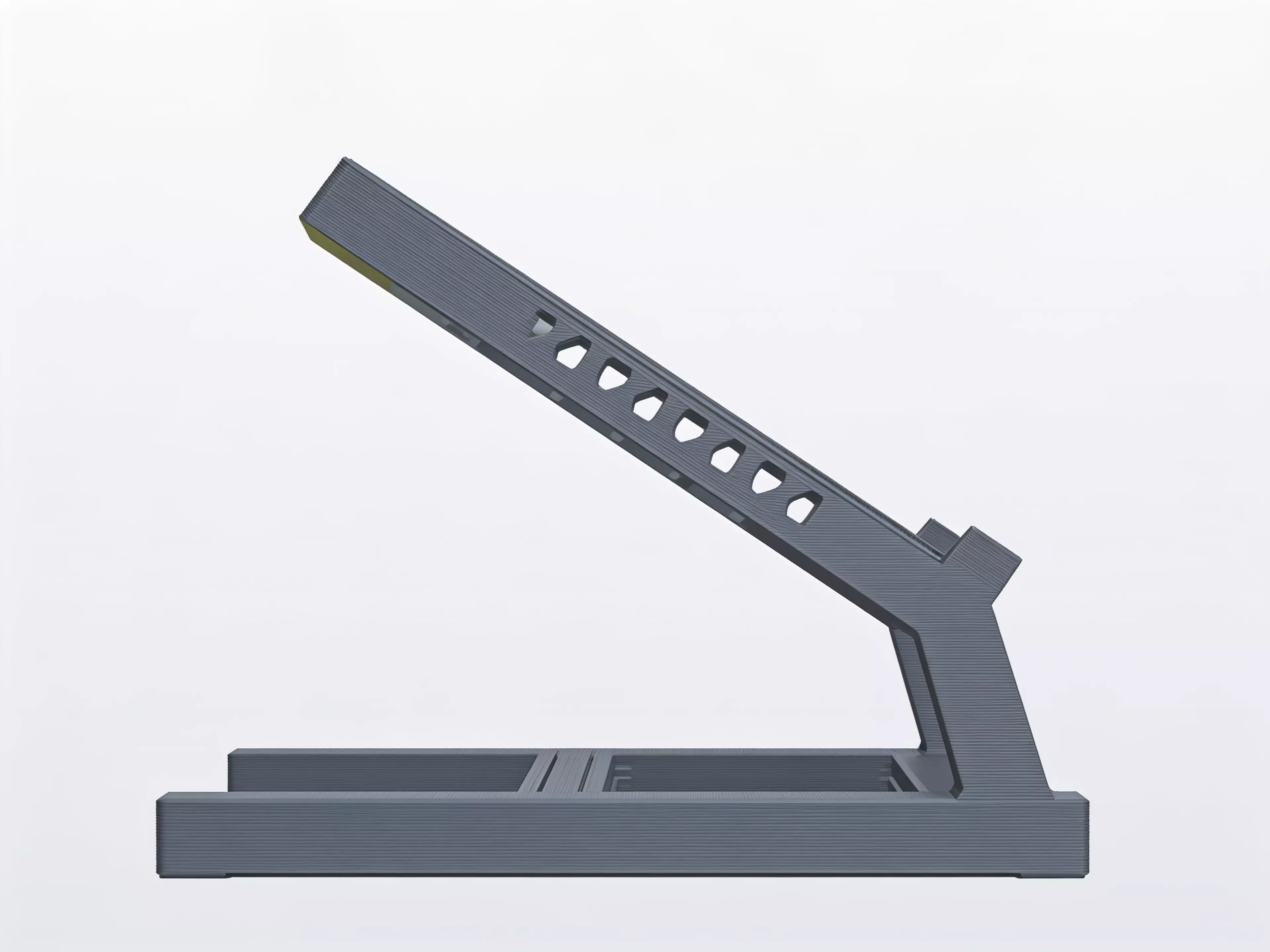 A sculpted Z-profile laptop stand designed around a 13" MacBook, tilted 22° for comfortable typing with a low-profile anti-slip ridge that catches the laptop's front edge. Two mirrored Z-legs — solid where they carry load, hex-relieved where they don't — are braced into a rigid box frame by four I-beam crossbars that press-fit straight into the legs. No screws, no heat-set inserts, no glue: just push the crossbars in and it locks together by friction alone.