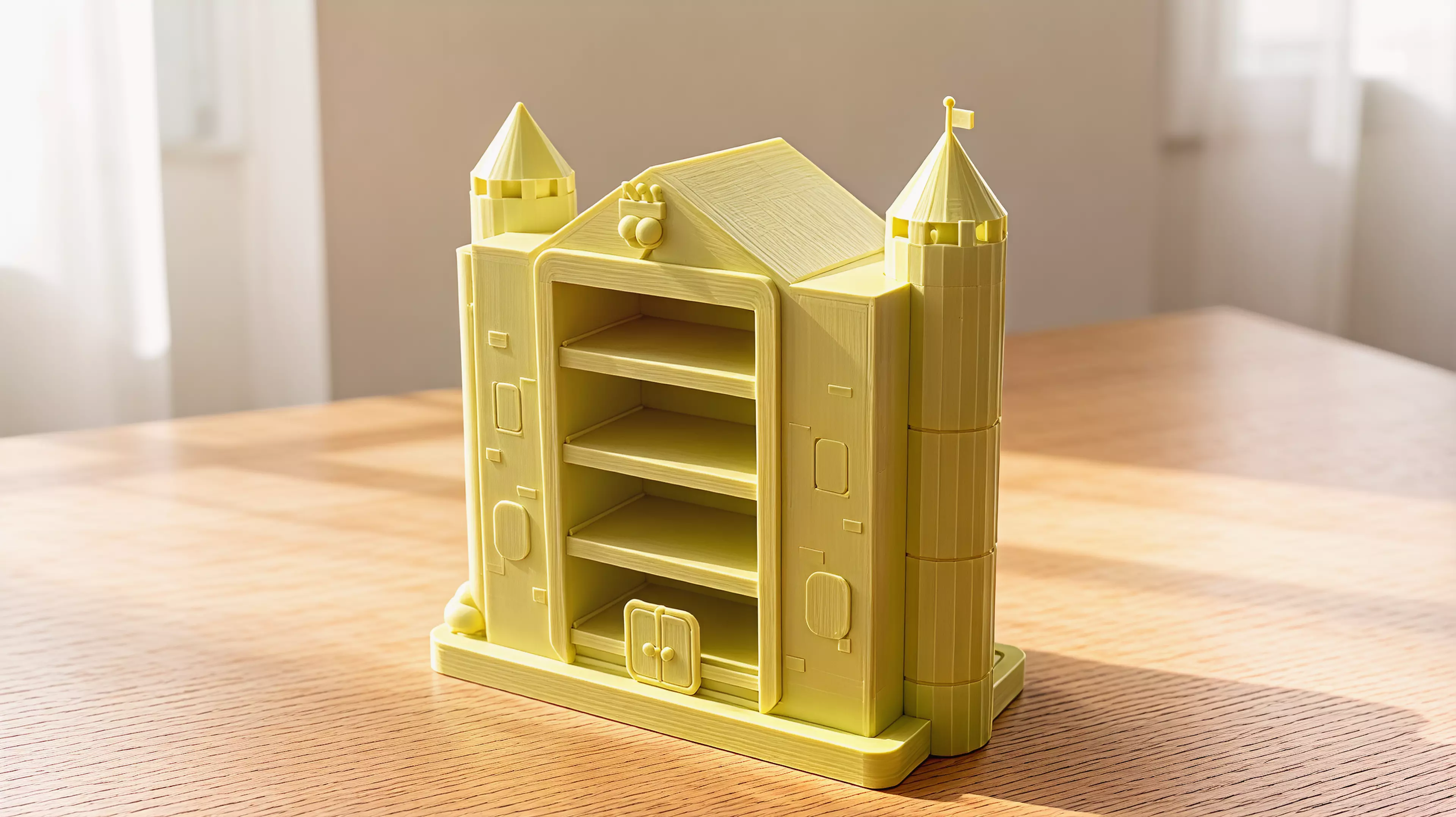 A pastel fantasy-castle display shelf, 380 W × 190 D × ~420 H mm, that holds four NVIDIA DGX Spark units (150 × 150 × 50.5 mm each, ~1.2 kg each) in a four-level, front-and-rear-open chamber flanked by two round towers, printed as ~20 screw-together modules because the whole thing is far larger…