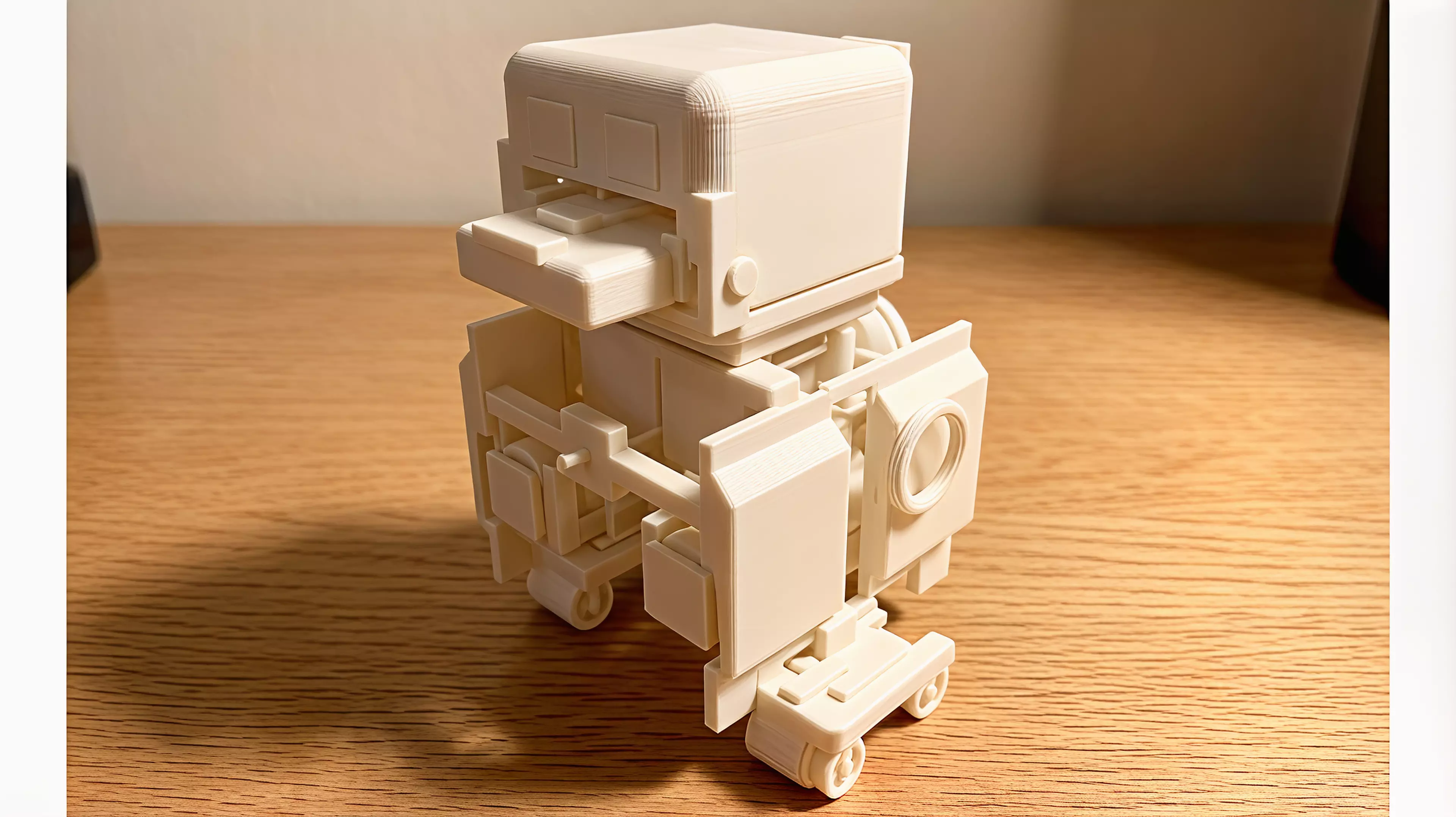 An original palm-size all-printed duck-like desk automaton designed around a visible ring crank, eccentric cam, paired-hip waddle, opening clip beak, rocking belly, keyed eyes, and removable captive-roller skates.