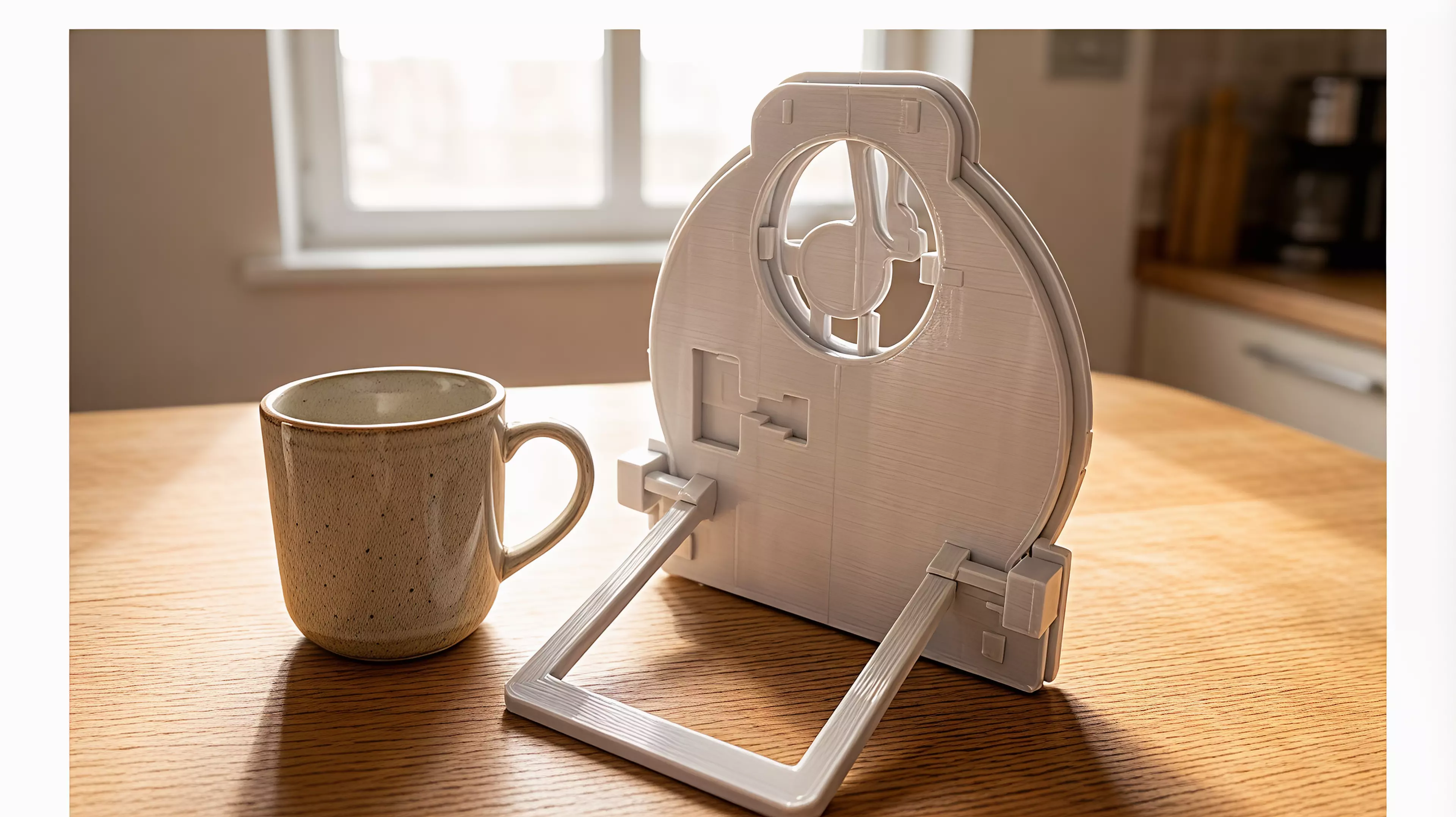 A four-part hand-powered moon gate with a captured reel that casts indexed rabbit, fox, and owl shadows from an ordinary external phone flashlight.