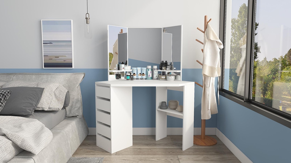 Northread Corner Vanity Desk Makeup Table: 5 Drawers and 3 Mirrors - Autonomous.ai