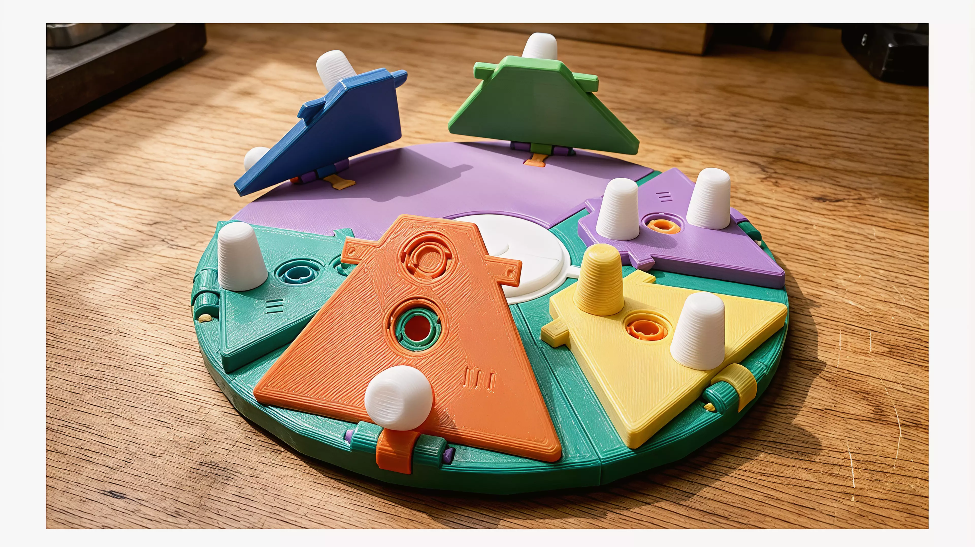 A mechanically verified kinetic abstract strategy prototype. Six hinged petals irreversibly transform the visible movement graph: flat pairs form HALO routes, raised pairs form CROWN routes, and mixed elevations become real gaps. Includes parametric CadQuery source, assembly and per-part STEP/STL, colored GLB, rules, playtest gates, and verified renders.