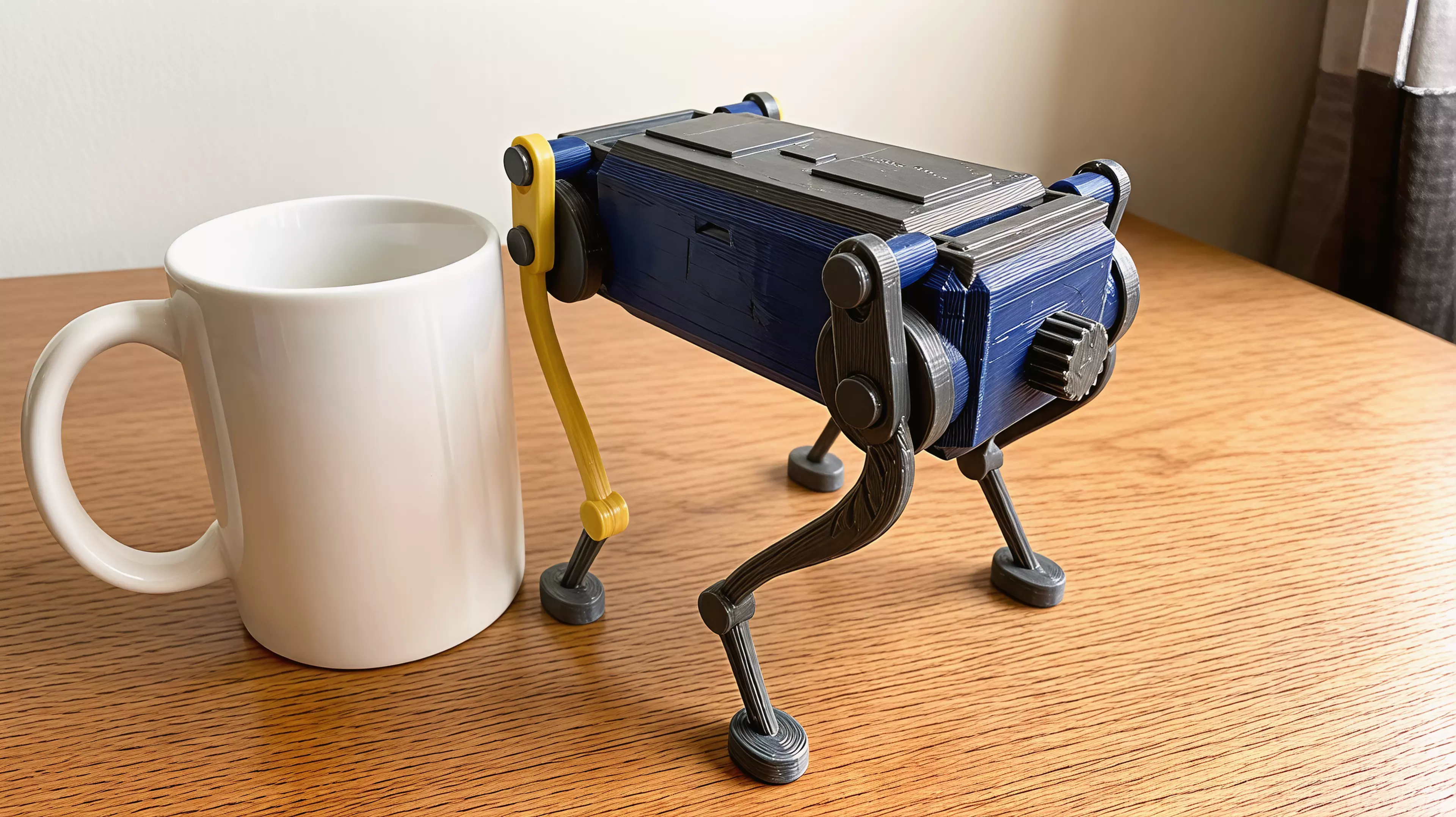 A palm-size wind-up walker. Twist the knob at the back to wind it up, set it down, and it trots forward on four legs with a smooth, life-like gait - no batteries, no motors. The rubber band inside drives two crankshafts that swing the legs in turn, so it keeps its balance step after step. Every part is 3D printed.