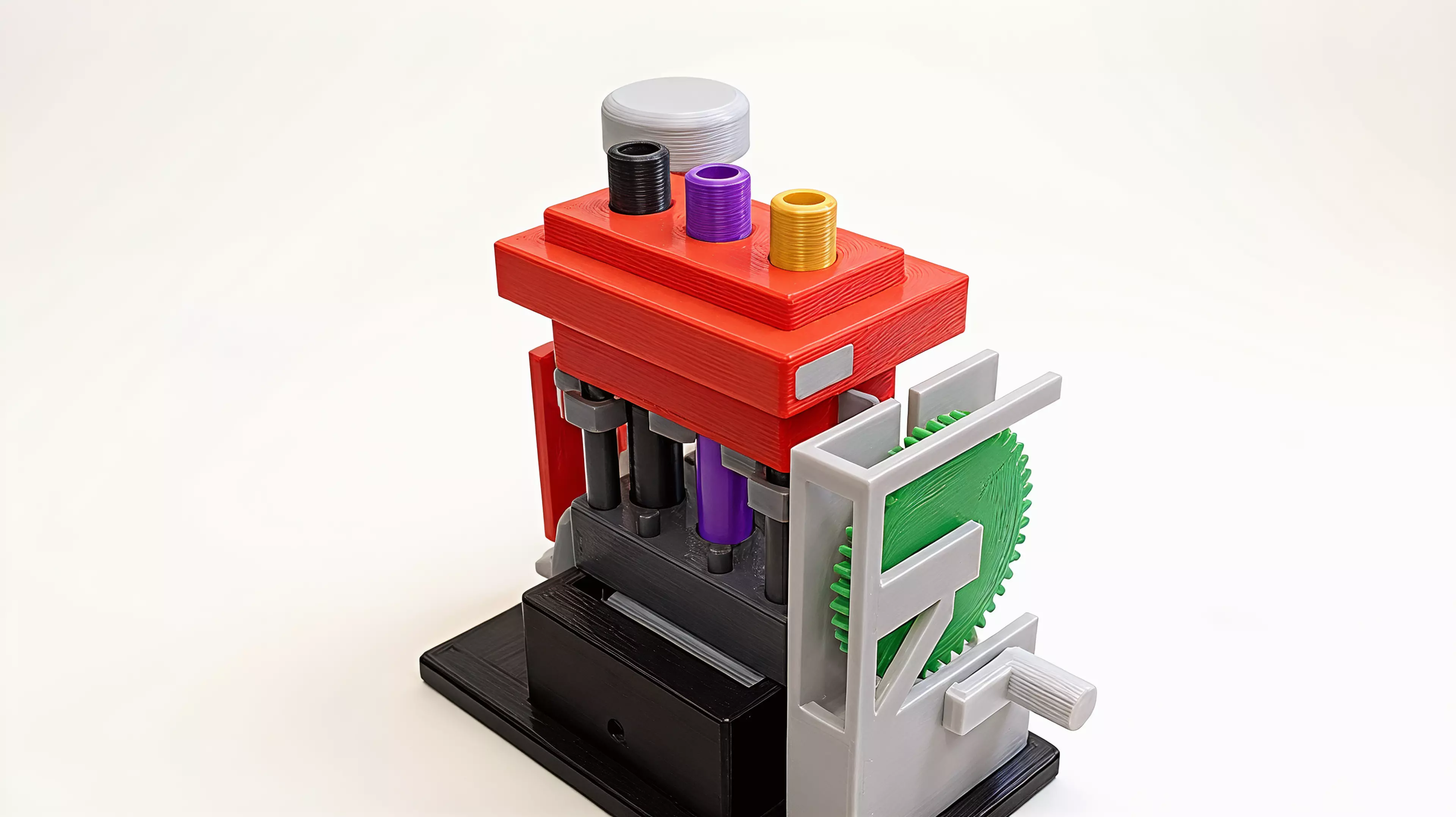 Rod-Drop Scram Console. Three grey rods cocked in a black column, white drum reading GREEN. Palm the mushroom — latch slides 0.20 in, rods drop 0.94 in, drum flips to SCRAM.