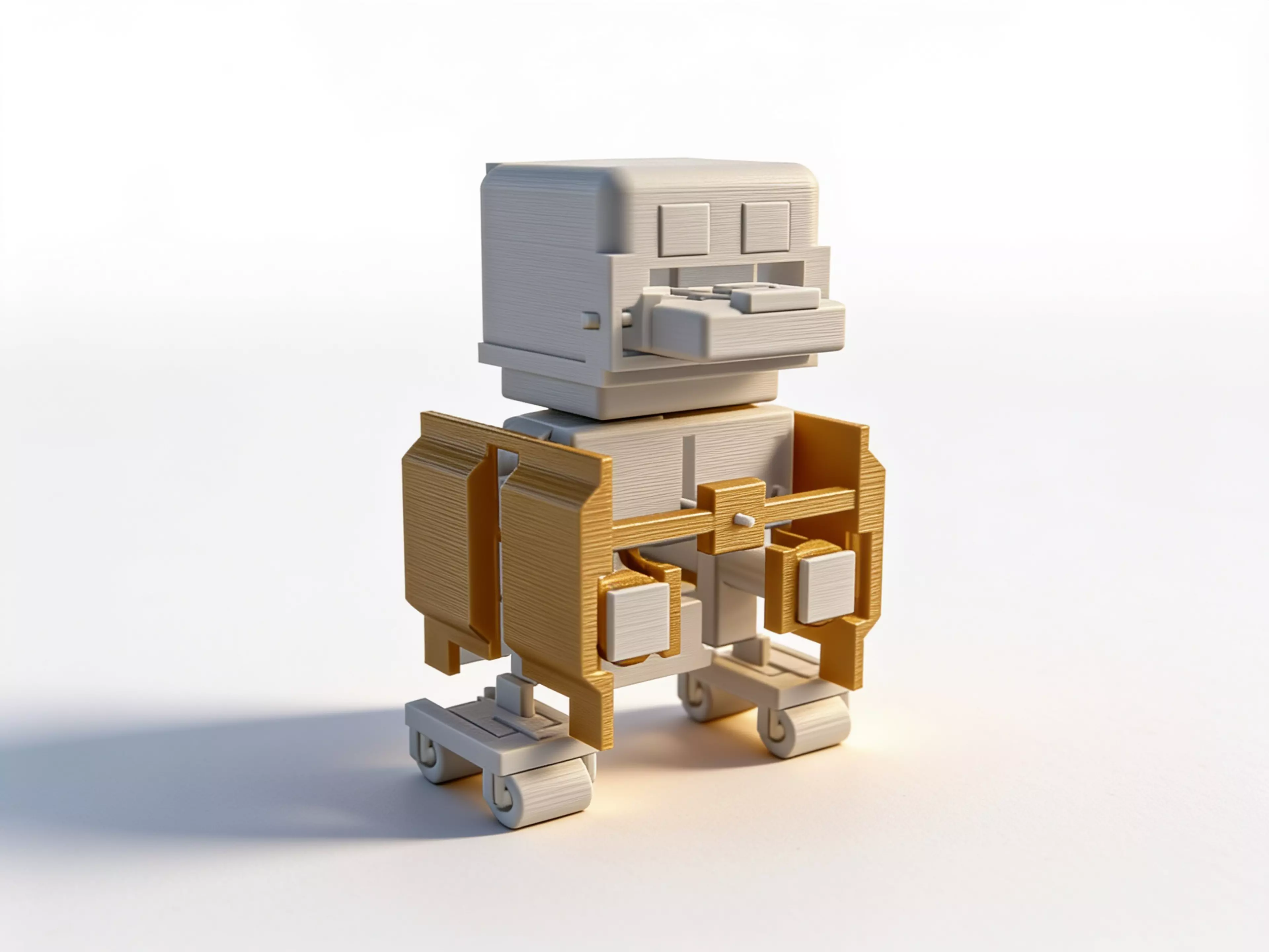 An original palm-size all-printed duck-like desk automaton designed around a visible ring crank, eccentric cam, paired-hip waddle, opening clip beak, rocking belly, keyed eyes, and removable captive-roller skates.