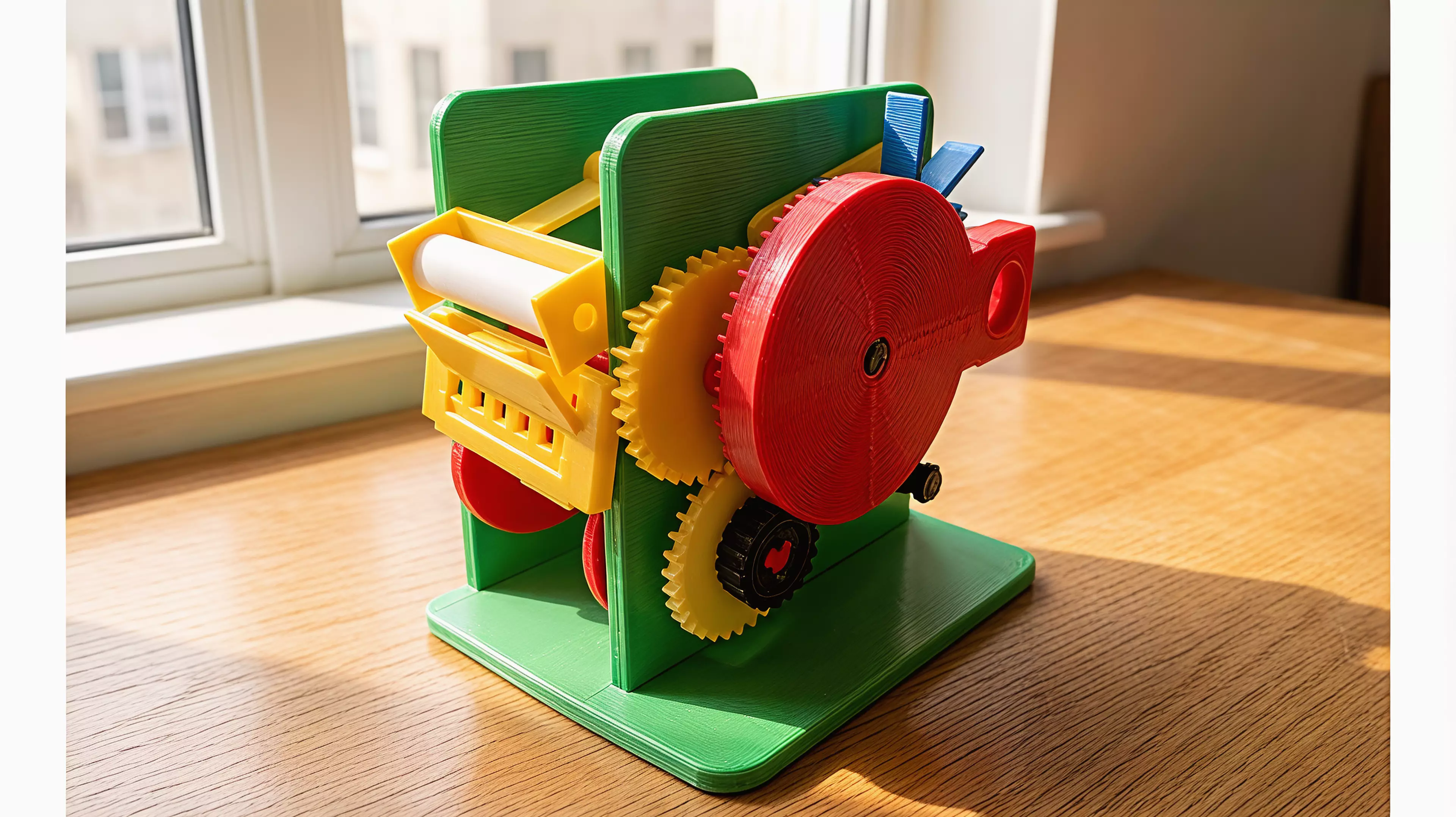 A small, honest transport mechanism made legible. The right-hand side of the machine is a bare gear plate — you crank it, and you watch a six-slot Geneva cross snap the capstan through exactly one sixth of a turn while a ratchet clicks and a six-blade air paddle whirrs up to speed and holds you back. On the left of the plate, hidden behind it, a 57 mm paper strip walks 12 mm and one new line of news appears in a slot on the front. It is a newspaper you can only read forwards, one line at a time,