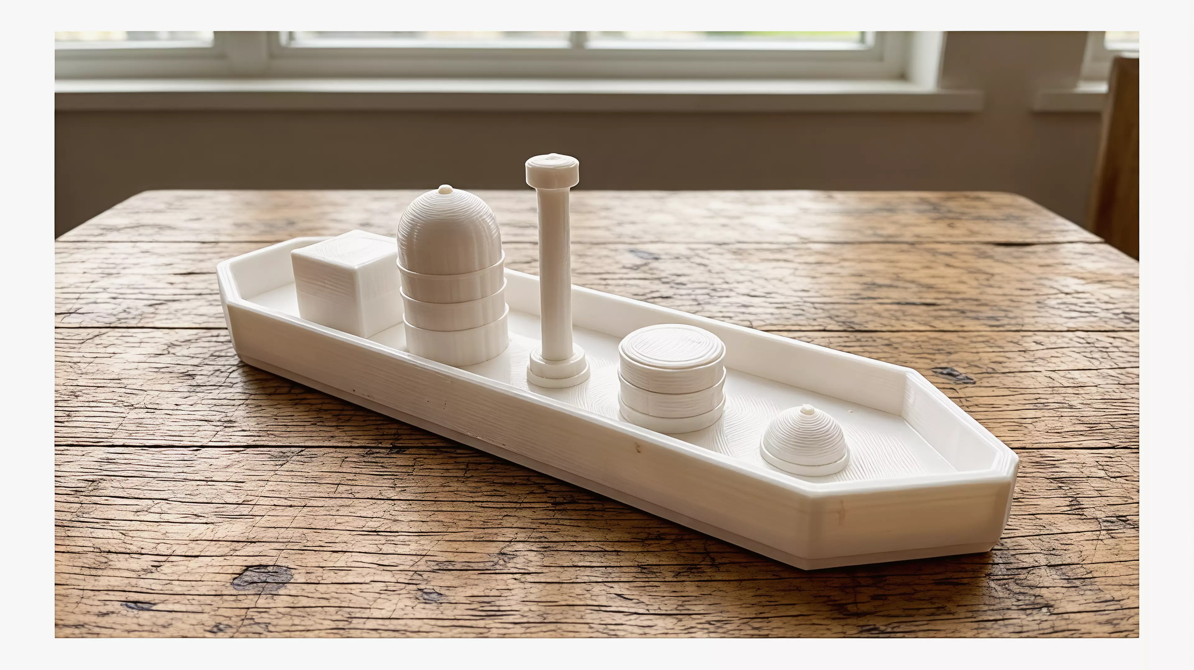 A 6-part toy cargo barge: one hull plus five separate deck-cargo pieces (crate, tall tank/silo, mast, drum, dome hatch) that peg into locating bosses on the deck, in a rugged industrial-workboat style (rivets, ribbed banding, hard chamfered hull corners).