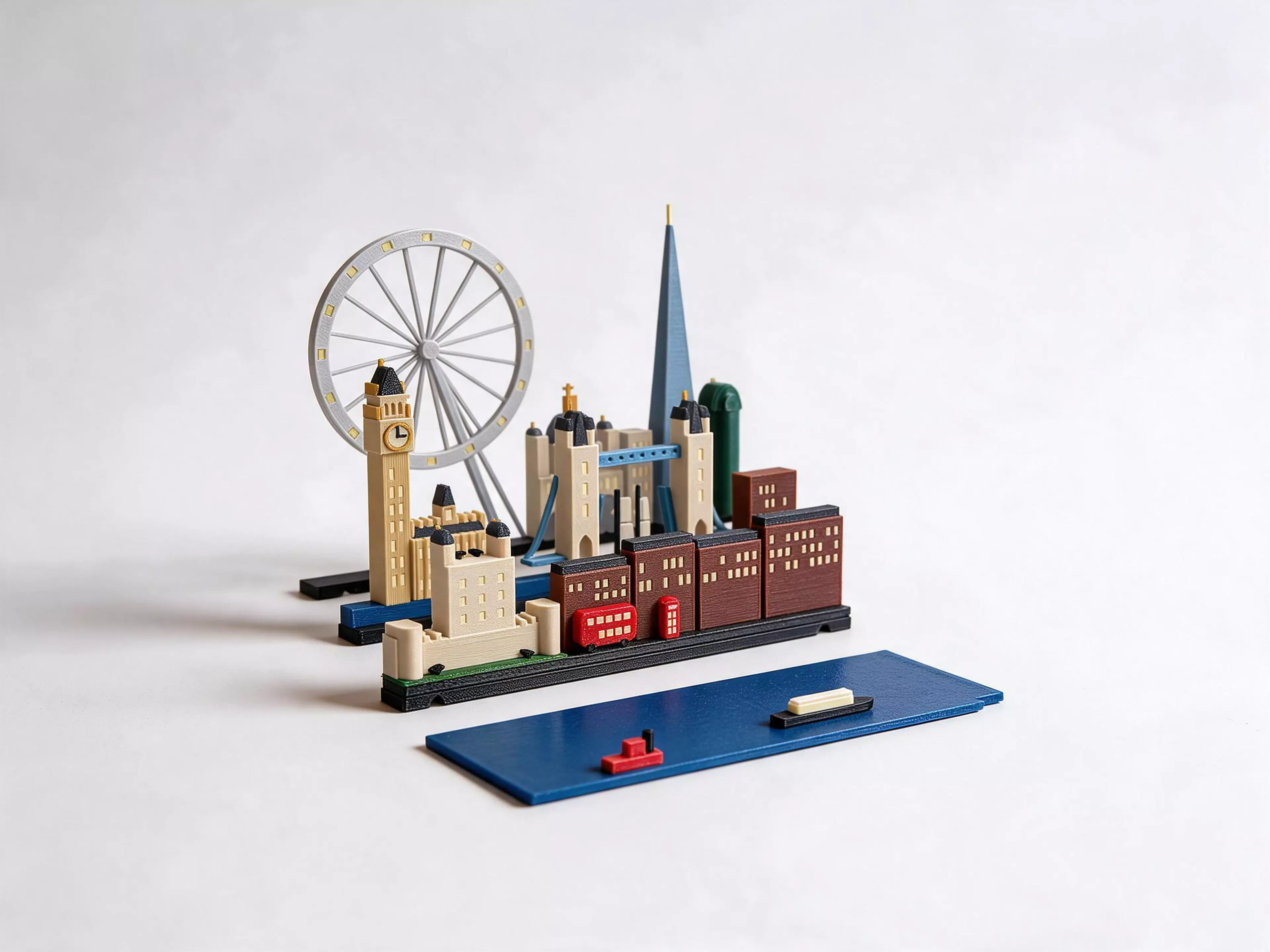 A London set for the Moonlit Atlas pop-up book: three rows of miniature buildings and a harbour plate that click onto the book's row frames with magnets. In this set: Tower Bridge with its bascules raised for a tall ship, Big Ben, the London Eye, St Paul's, the Tower of London with its ravens, and a red double-decker with a phone box. Windows and stars glow in the dark, with no batteries. It needs the Moonlit Atlas book, which is sold separately and comes with New York, and it swaps with any other city set in seconds.