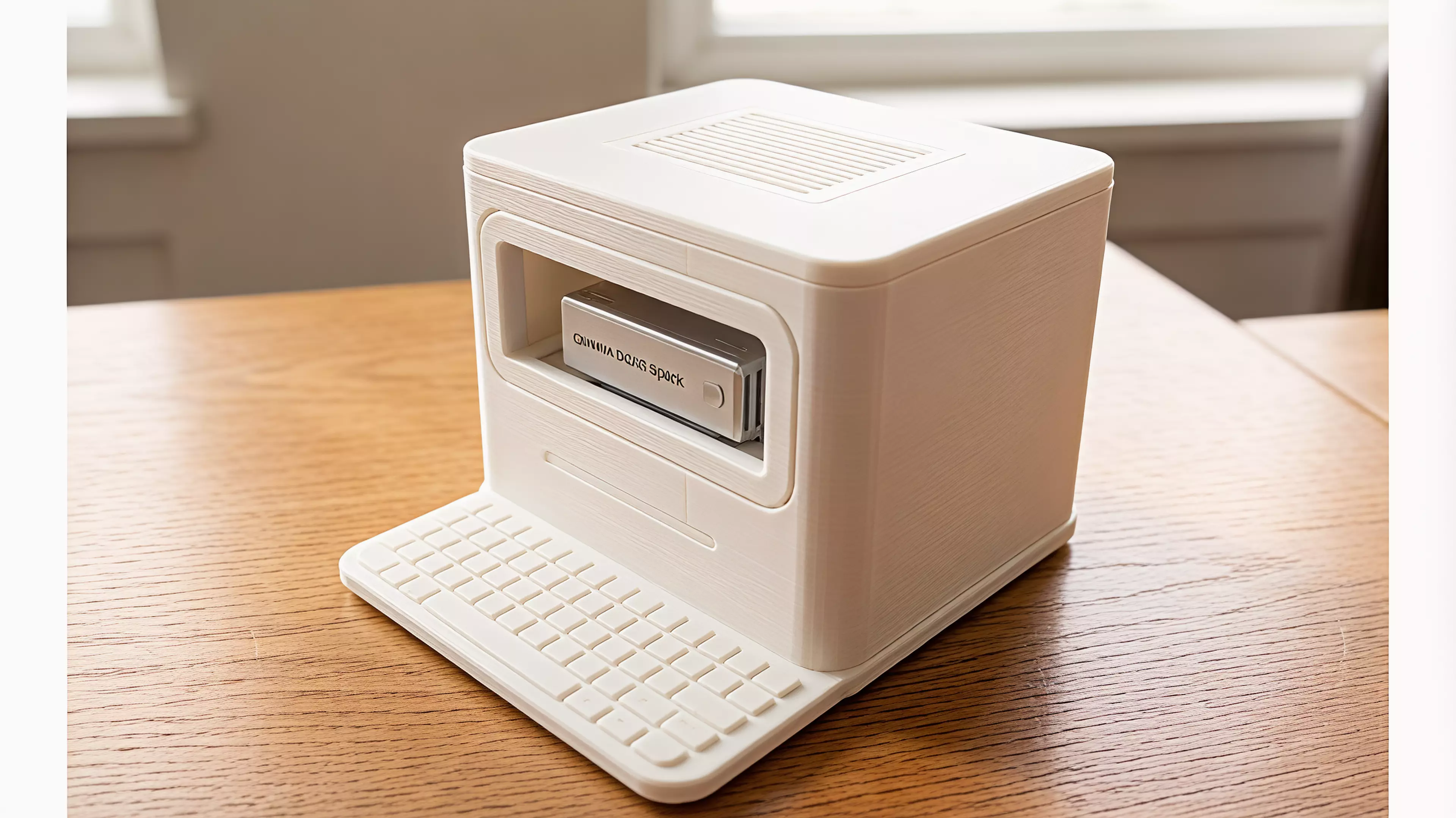 a 220 × 180 × 178 mm Macintosh-silhouette desktop shelf in crisp modern-minimal style, with an open front-to-rear tunnel that holds one NVIDIA DGX Spark (150 × 150 × 50.5 mm) on two internal rails, built as a main body + removable top cover + detachable base plus secondary trim parts.