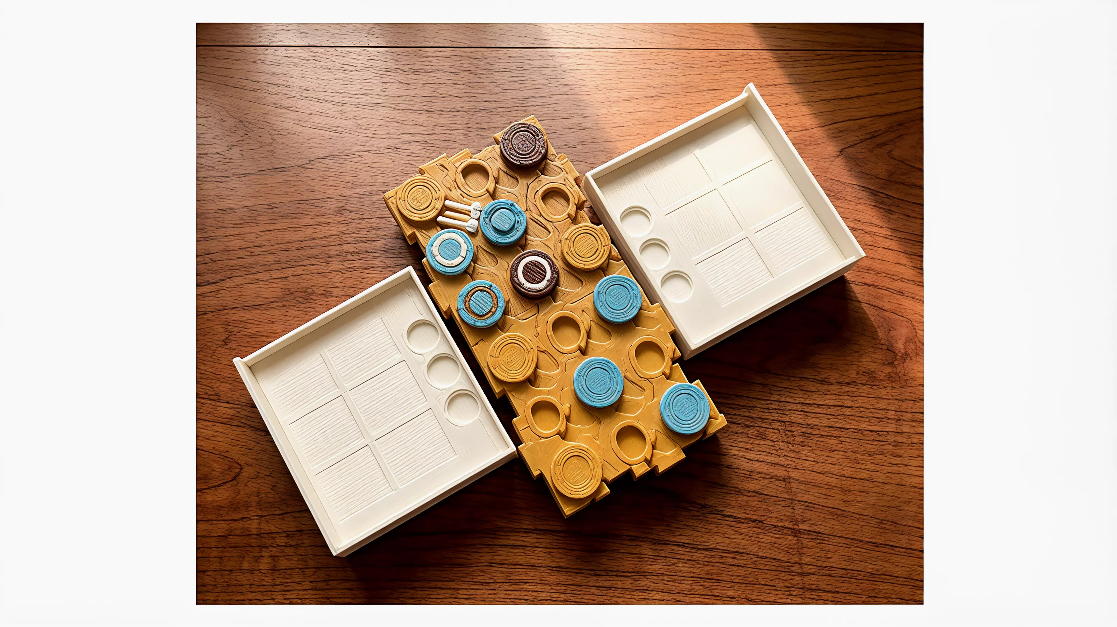 Designed for two players and a 25-minute table. Plant six hidden mushrooms, spend three probes on physical high/low readings, commit three crowns, then reveal the field and score orthogonal groves. By Alice.