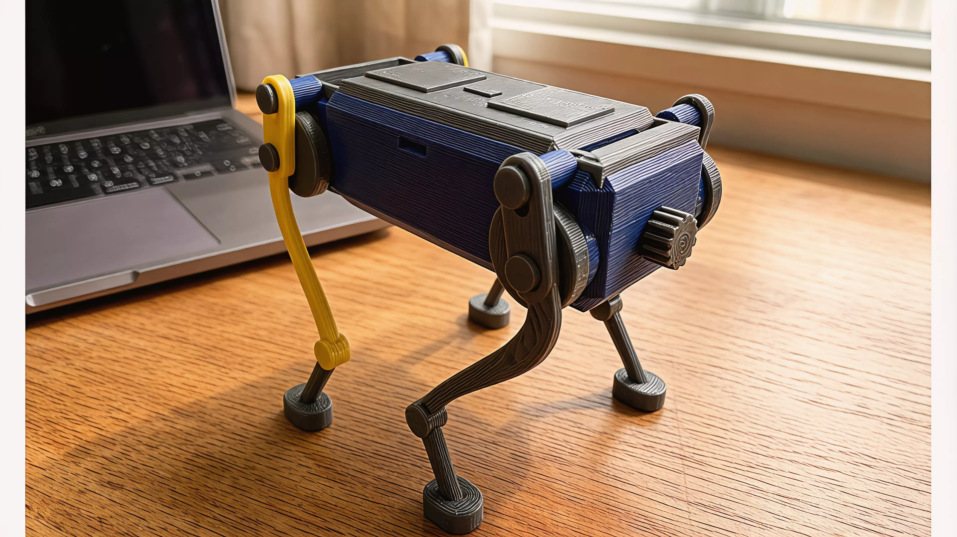 A palm-size wind-up walker. Twist the knob at the back to wind it up, set it down, and it trots forward on four legs with a smooth, life-like gait - no batteries, no motors. The rubber band inside drives two crankshafts that swing the legs in turn, so it keeps its balance step after step. Every part is 3D printed.