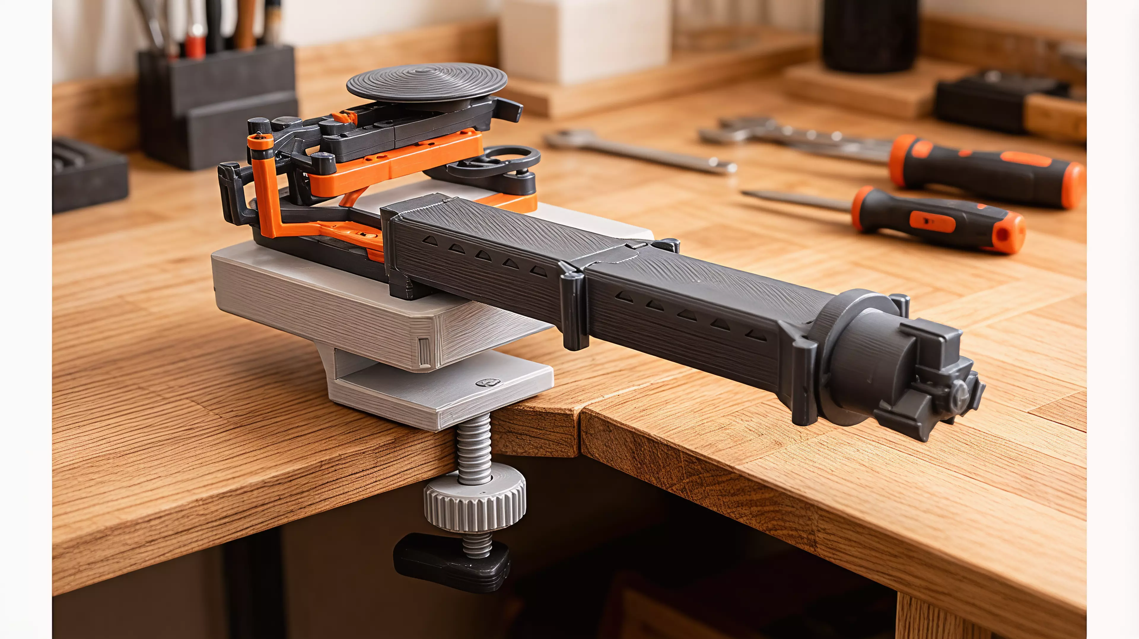 A bench-clamped manipulator that mirrors your hand at 2:1 - squeeze, twist and thumb-push drive a gimballed three-jaw gripper down a stackable boom, for steady, dexterous work inside aquariums, terrariums and tight chassis your hand cannot reach.