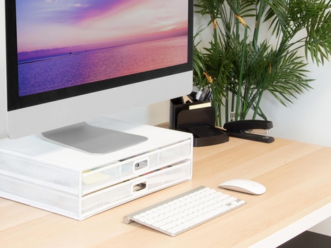 Mount-It! White Mesh Computer Monitor Stand W/ Two Drawers