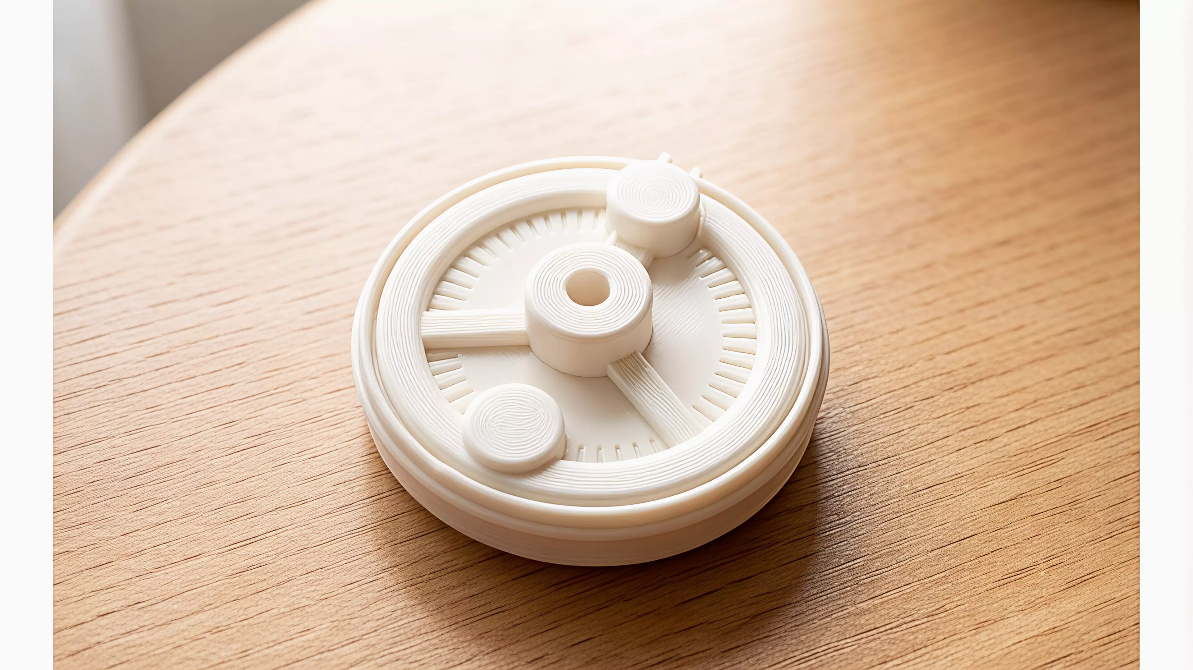 A palm-size, hand-powered desktop sound toy whose broad wheel carries a captive rounded gravity plectrum across three visibly different printed rib fields in the continuous sequence rain, frog-song, and crickets.
