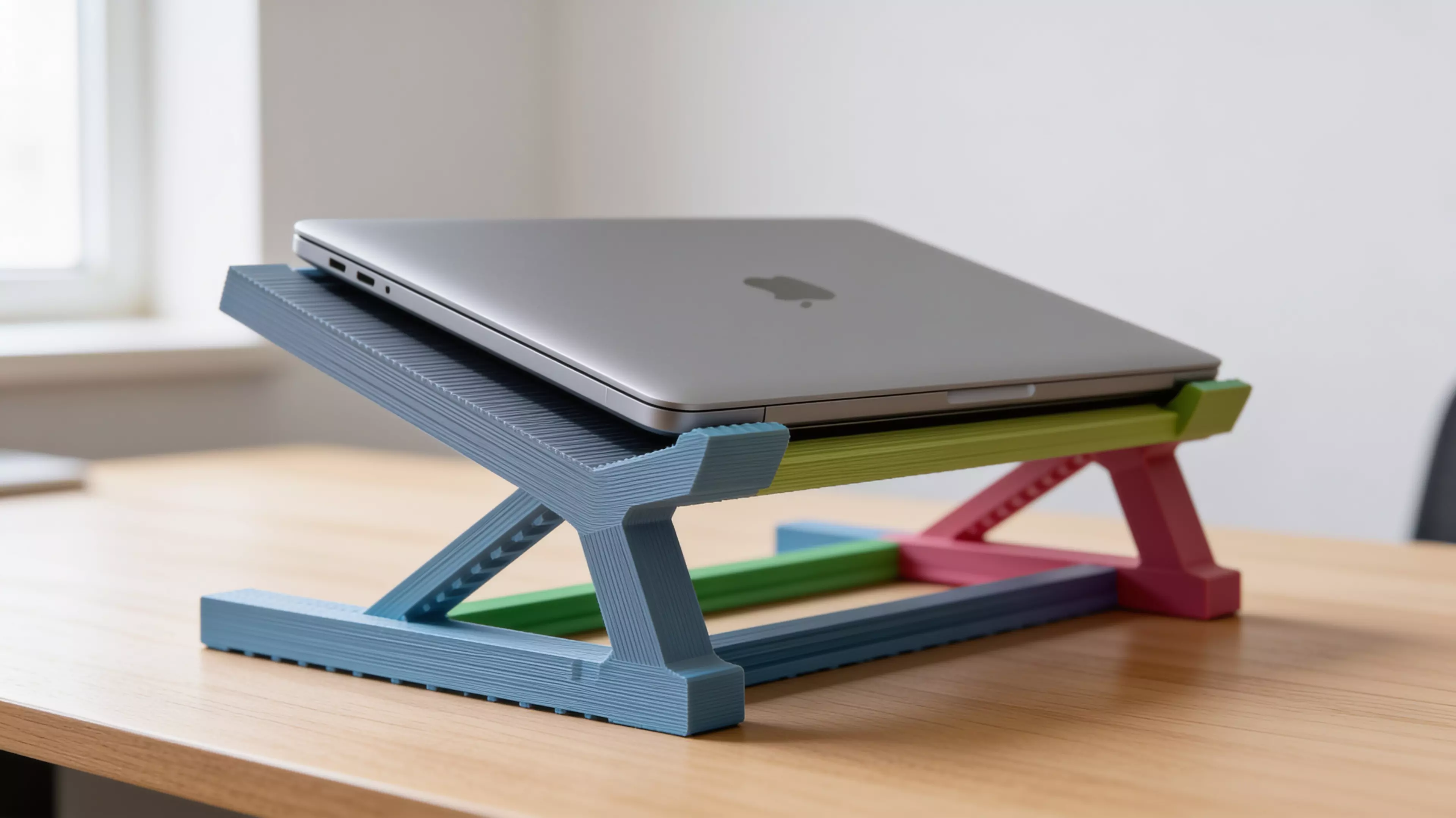 A sculpted Z-profile laptop stand designed around a 13" MacBook, tilted 22° for comfortable typing with a low-profile anti-slip ridge that catches the laptop's front edge. Two mirrored Z-legs — solid where they carry load, hex-relieved where they don't — are braced into a rigid box frame by four I-beam crossbars that press-fit straight into the legs. No screws, no heat-set inserts, no glue: just push the crossbars in and it locks together by friction alone.