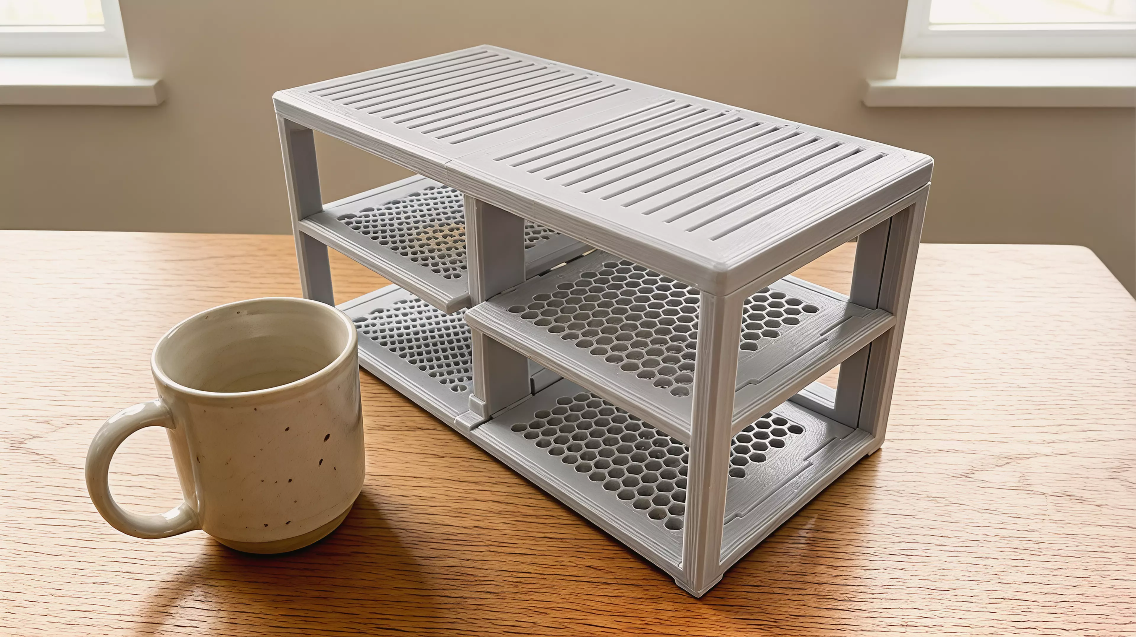 A 9-part FDM-printable 2x2 stacked stand for four 150x150x50.5 mm DGX Spark nodes: a full-height base/spine frame with dual vertical posts, four cantilevered vented shelf trays (fastened with M4 SHCS into heat-set inserts), and four TPU anti-vibration feet — matte tool-grey body with hazard-amber…
