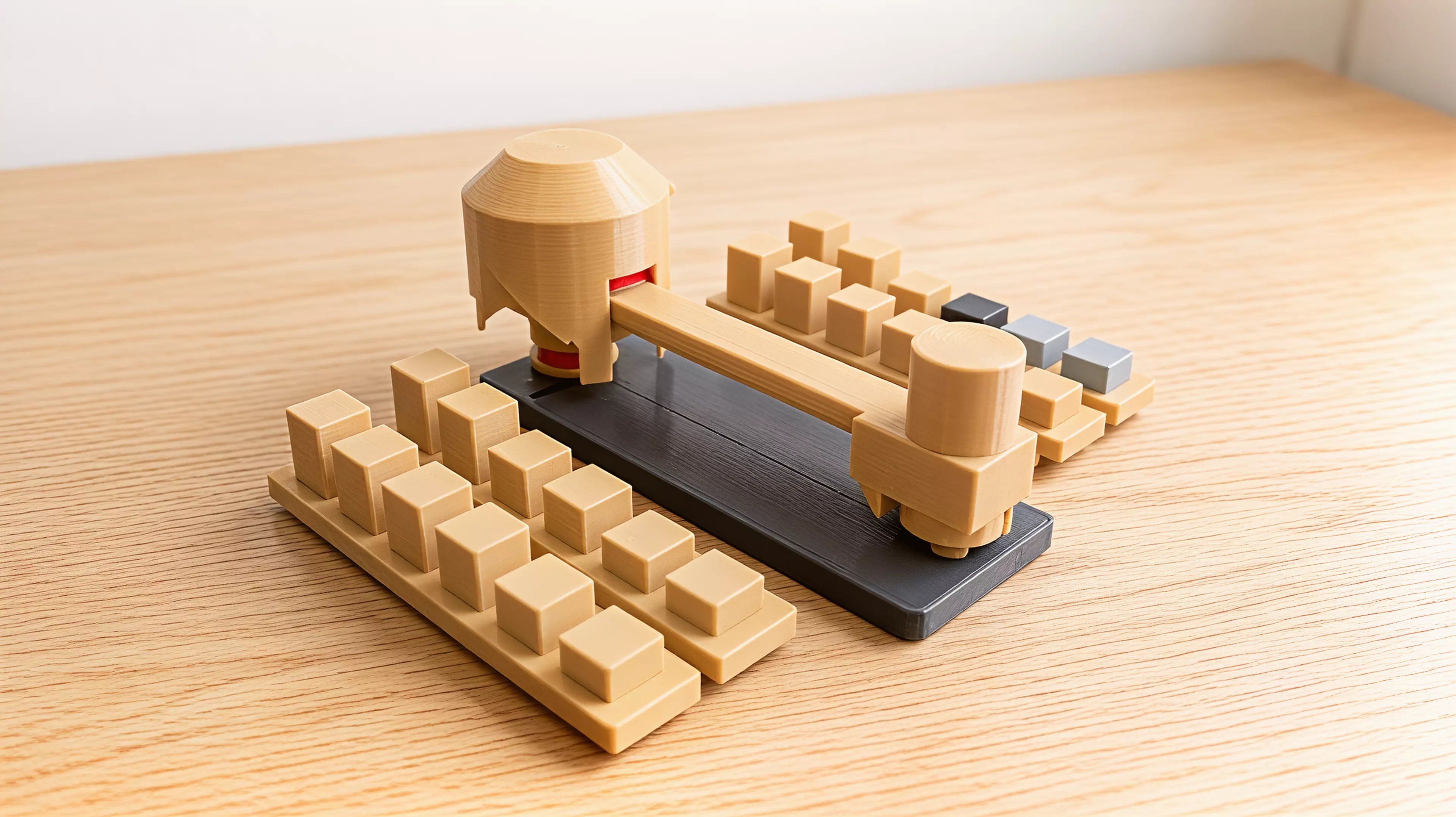 A limbo bar for solid objects. Every round, the player in last place turns a hooded knob in secret, dropping a loose bar by 1, 2, or 3 mm, and then everyone commits a block from their own stock at the same instant, blind. Cups lift together; the tallest block that slides through without touching the bar wins the round and joins your score line, and a block that touches is gone for good. Nothing is marked and nothing is written down mid-round, the bar itself is the only judge. 2-4 players, 20 min, ages 14+. The complete rules ship with the files as RULES.md. By Bob.