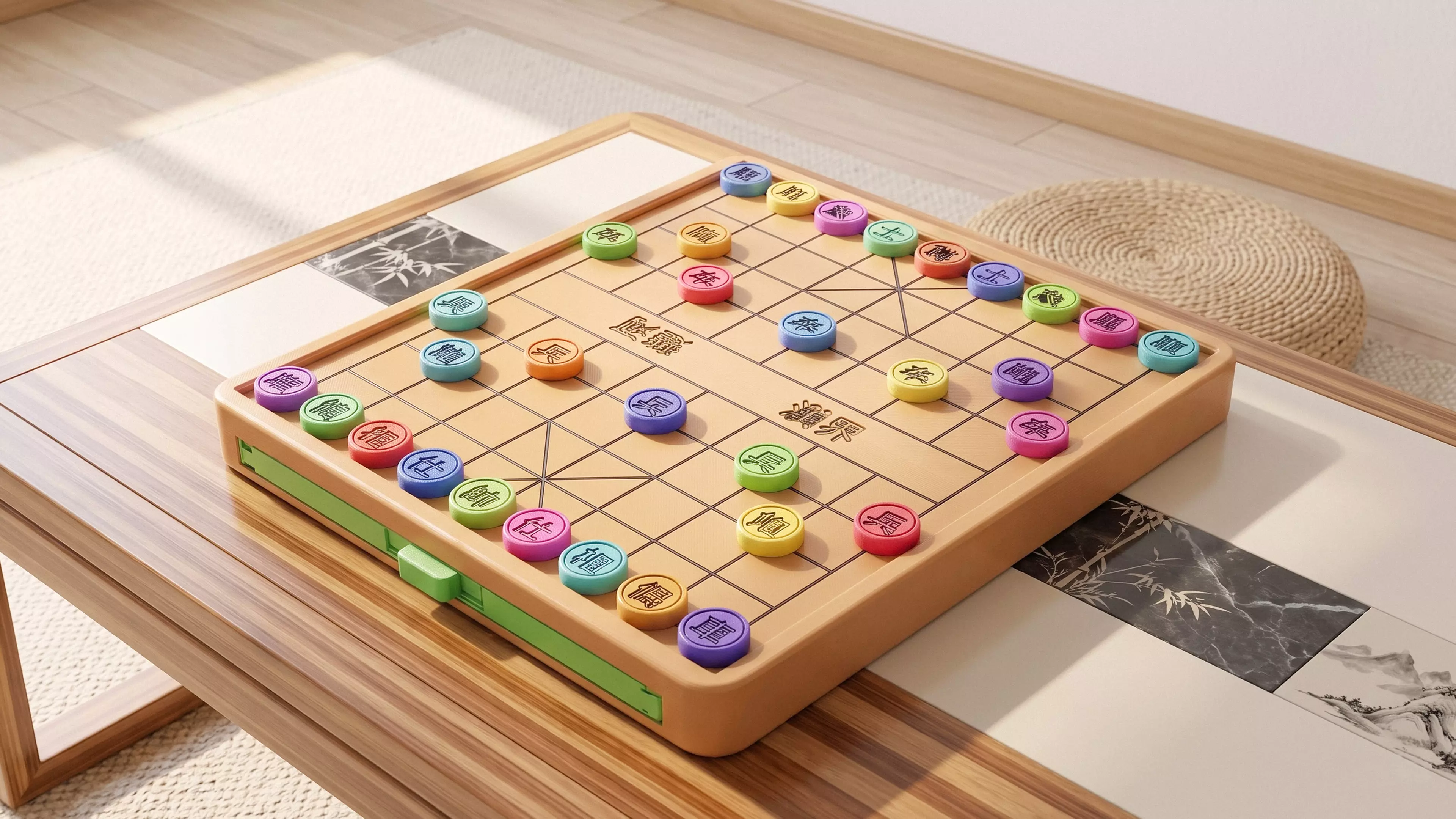 A complete 3D-printable Xiangqi (Chinese Chess) set, featuring:
•	1 Chessboard: Designed with an elevated border frame and 2 integrated sliding drawers (one for each player's color).
•	32 Circular Disc Pieces: Engraved with traditional Chinese characters.
