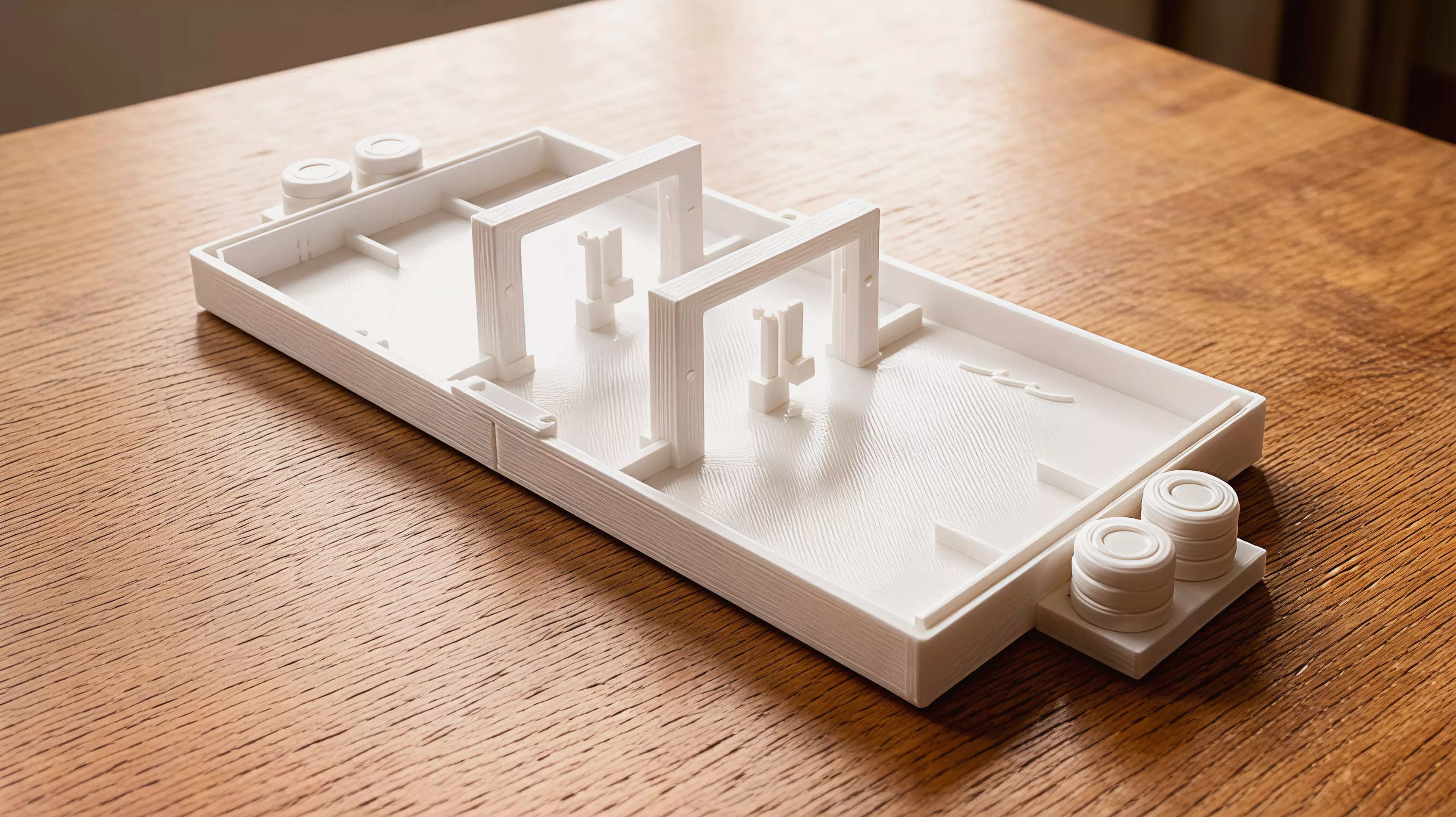 A portable, all-printed tabletop dexterity game for one or two players: pulse two gravity gates, flick a comet through both portals, and bank into pip-marked vaults across six shots.
