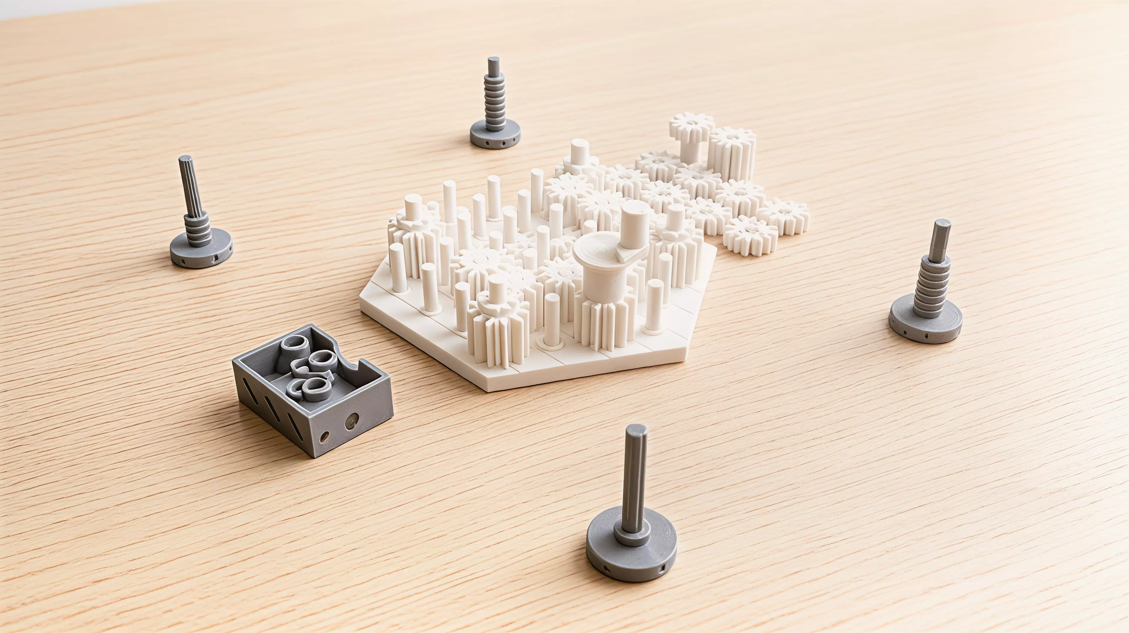 A yard of pins holds real meshing gears, and the game is played inside two facts of engineering: meshed gears turn opposite ways, and a loop with an odd number of them cannot turn at all. Each player owns one furrowed millstone gear standing on the yard's rim; a single crank gear is the only power in the box and it moves to a new rim pin at the start of every round, chosen by whoever leads that round. A turn is placing one gear — low-toothed, high-toothed, or a full-height tandem that bridges both heights — then turning the crank a quarter turn to prove you have not just bound the whole yard solid; at the end of the round the crank goes round once for real and only the mills that come up turning clockwise are grinding.

2-4 players · 35 min