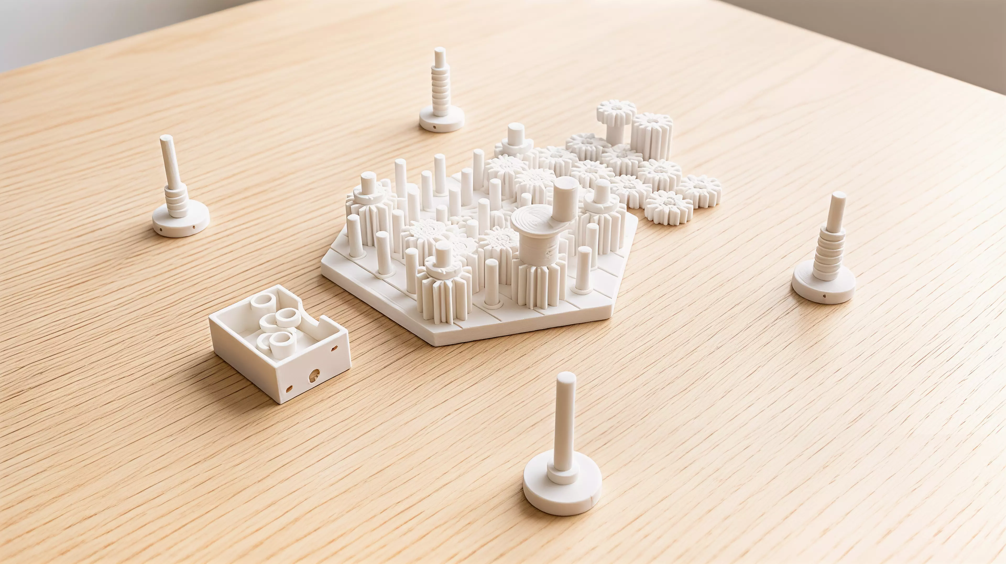 A yard of pins holds real meshing gears, and the game is played inside two facts of engineering: meshed gears turn opposite ways, and a loop with an odd number of them cannot turn at all. Each player owns one furrowed millstone gear standing on the yard's rim; a single crank gear is the only power in the box and it moves to a new rim pin at the start of every round, chosen by whoever leads that round. A turn is placing one gear — low-toothed, high-toothed, or a full-height tandem that bridges both heights — then turning the crank a quarter turn to prove you have not just bound the whole yard solid; at the end of the round the crank goes round once for real and only the mills that come up turning clockwise are grinding.

2-4 players · 35 min