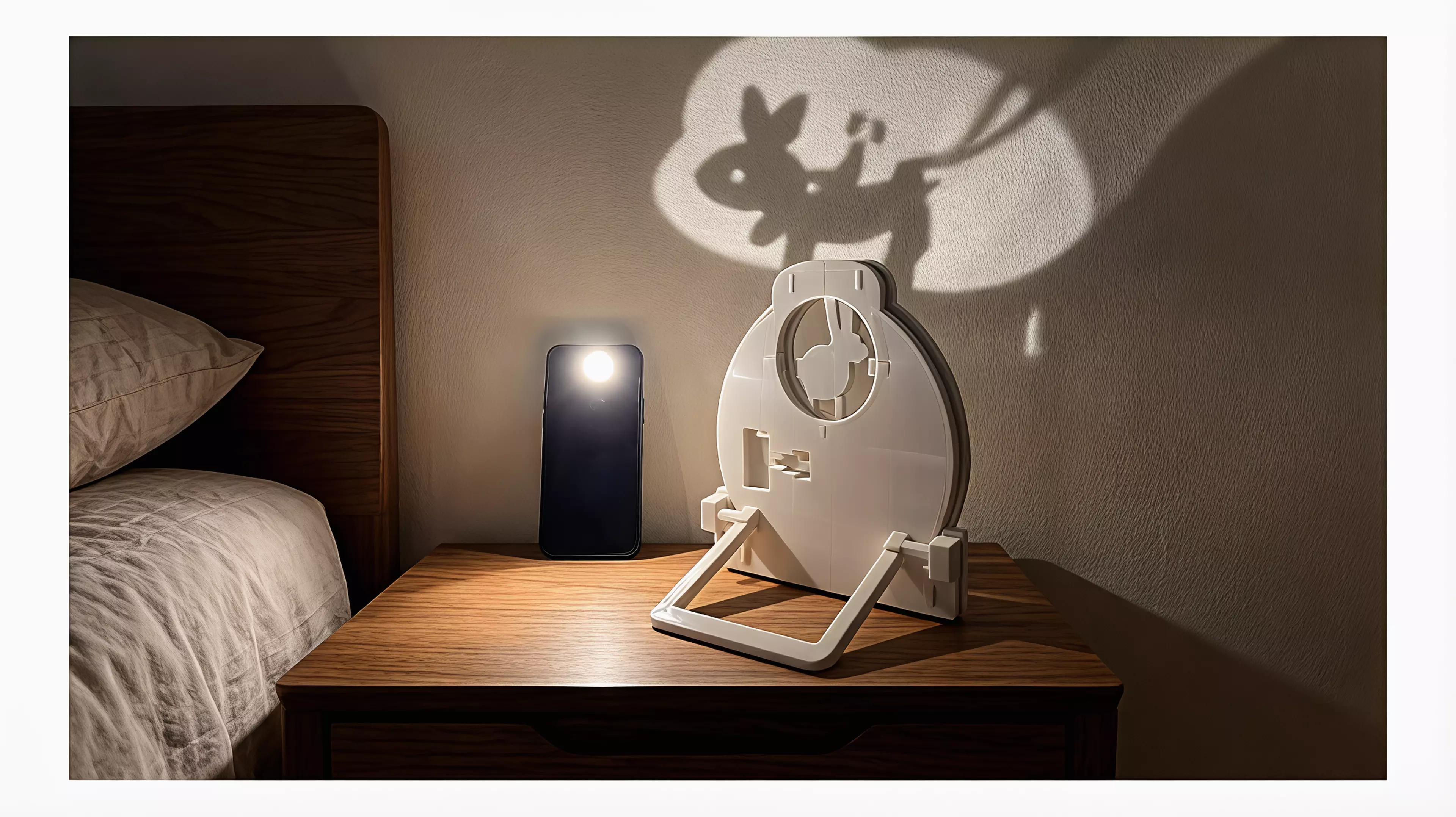 A four-part hand-powered moon gate with a captured reel that casts indexed rabbit, fox, and owl shadows from an ordinary external phone flashlight.