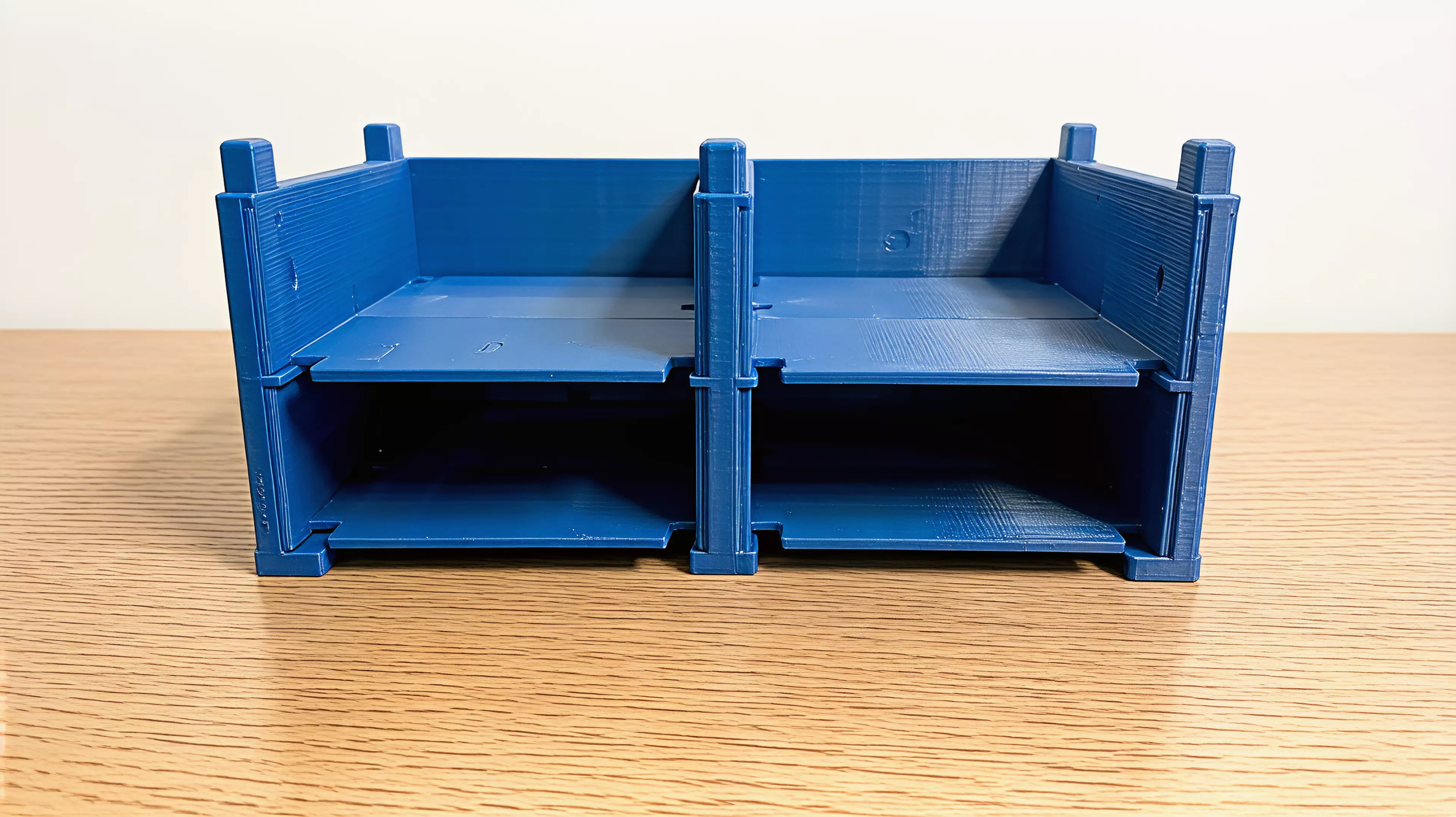 A PETG FDM knock-down rack holding 2 NVIDIA DGX Spark per tier (2 tiers = 4 devices), built from zero tier-unique parts — 2 end walls + 1 center divider + 2 floor trays per tier, stacked on 8 x 8 mm self-locating chamfered key joints, with 4 press-fit feet and flush top caps, styled as a…