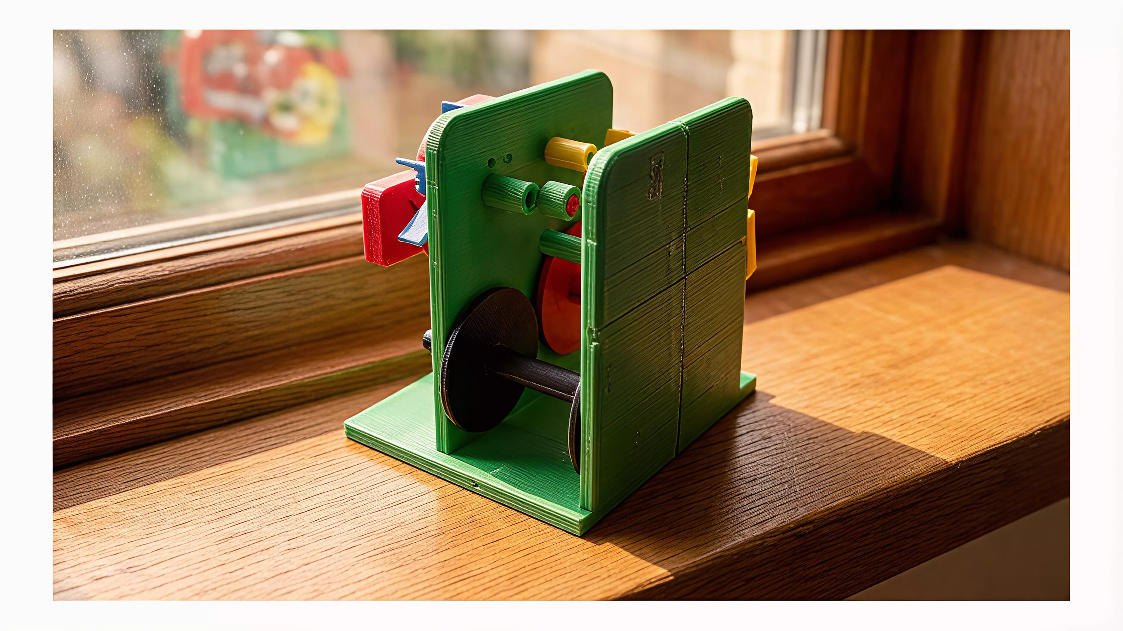 A small, honest transport mechanism made legible. The right-hand side of the machine is a bare gear plate — you crank it, and you watch a six-slot Geneva cross snap the capstan through exactly one sixth of a turn while a ratchet clicks and a six-blade air paddle whirrs up to speed and holds you back. On the left of the plate, hidden behind it, a 57 mm paper strip walks 12 mm and one new line of news appears in a slot on the front. It is a newspaper you can only read forwards, one line at a time,