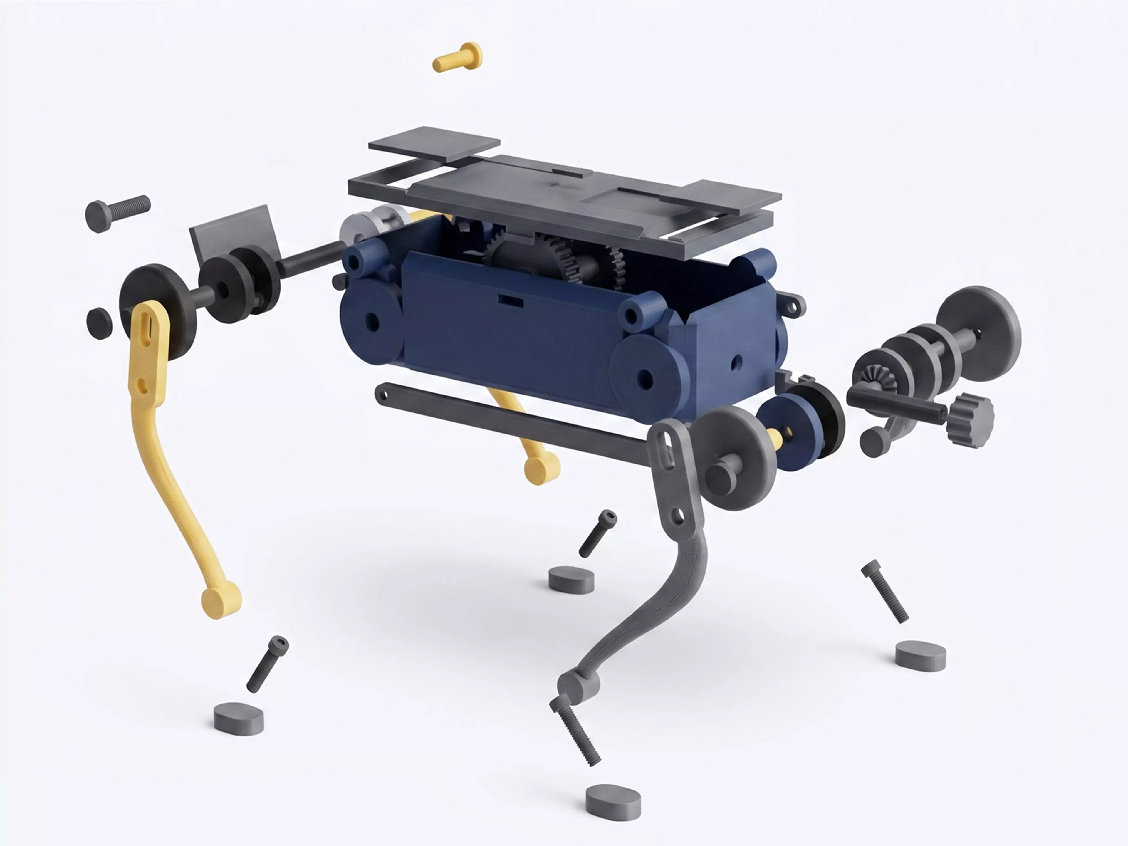 A palm-size wind-up walker. Twist the knob at the back to wind it up, set it down, and it trots forward on four legs with a smooth, life-like gait - no batteries, no motors. The rubber band inside drives two crankshafts that swing the legs in turn, so it keeps its balance step after step. Every part is 3D printed.