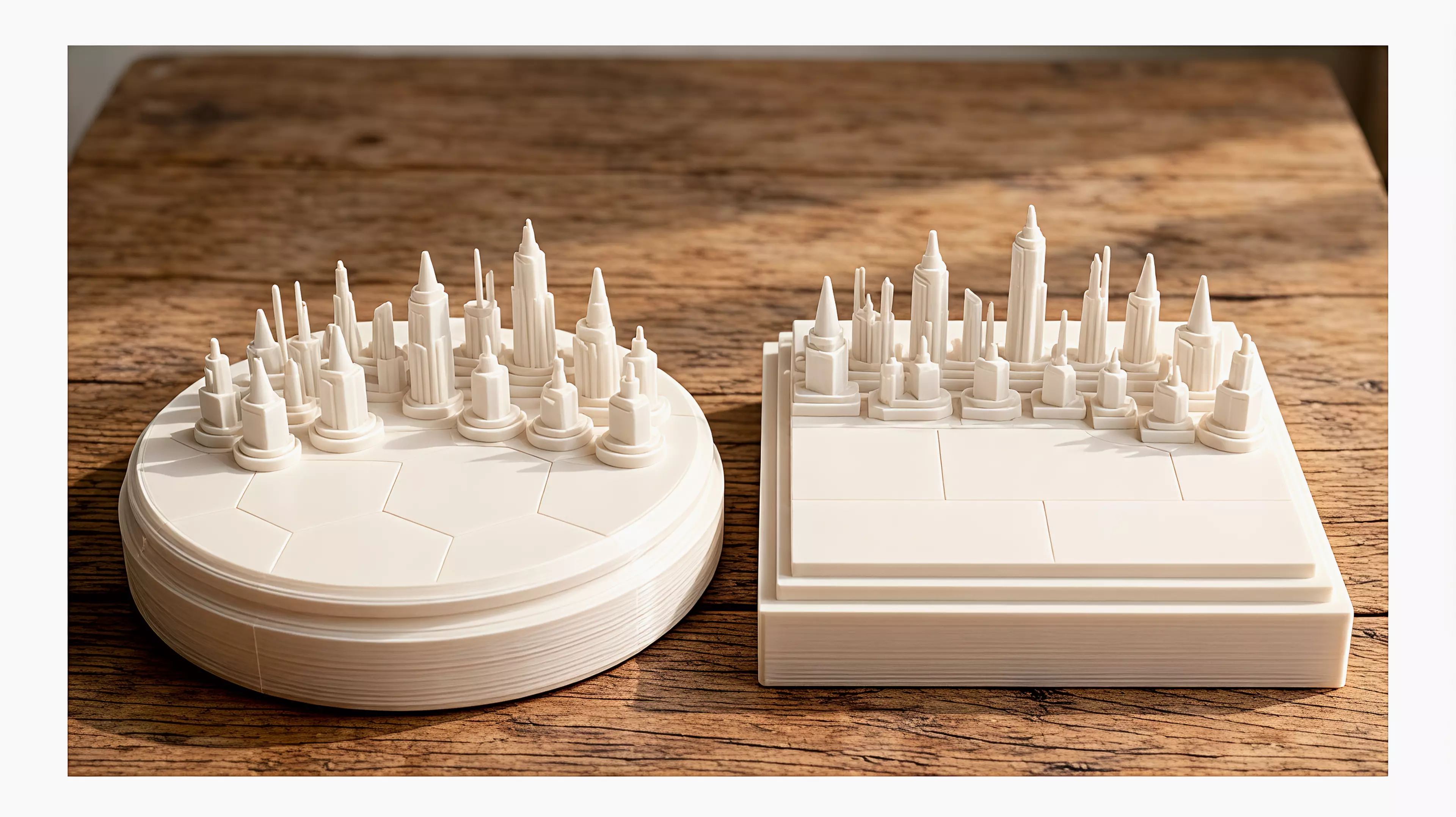 A geometry-readable orthodox chess set that turns six Ho Chi Minh City landmarks into a complete 32-piece skyline, with round River and square Grid plinths distinguishing the two sides without relying on color.