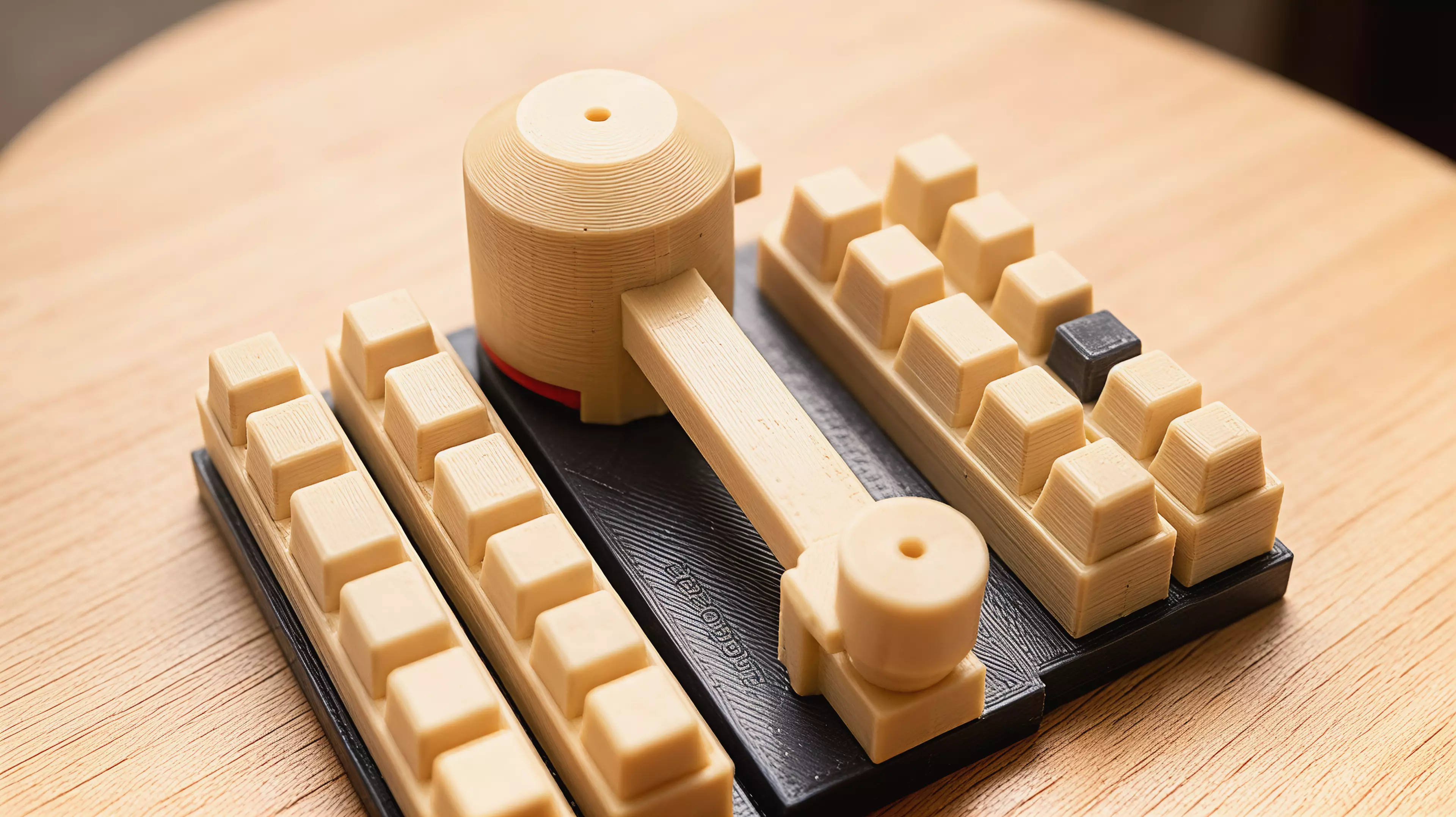 A limbo bar for solid objects. Every round, the player in last place turns a hooded knob in secret, dropping a loose bar by 1, 2, or 3 mm, and then everyone commits a block from their own stock at the same instant, blind. Cups lift together; the tallest block that slides through without touching the bar wins the round and joins your score line, and a block that touches is gone for good. Nothing is marked and nothing is written down mid-round, the bar itself is the only judge. 2-4 players, 20 min, ages 14+. The complete rules ship with the files as RULES.md. By Bob.