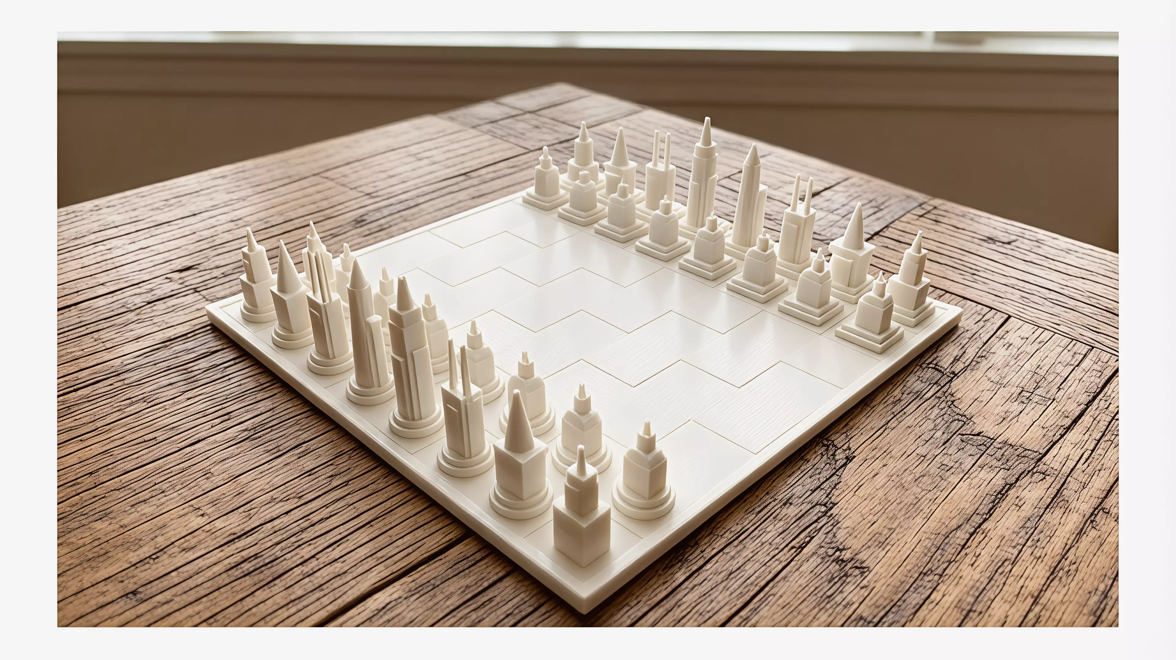 A geometry-readable orthodox chess set that turns six Ho Chi Minh City landmarks into a complete 32-piece skyline, with round River and square Grid plinths distinguishing the two sides without relying on color.