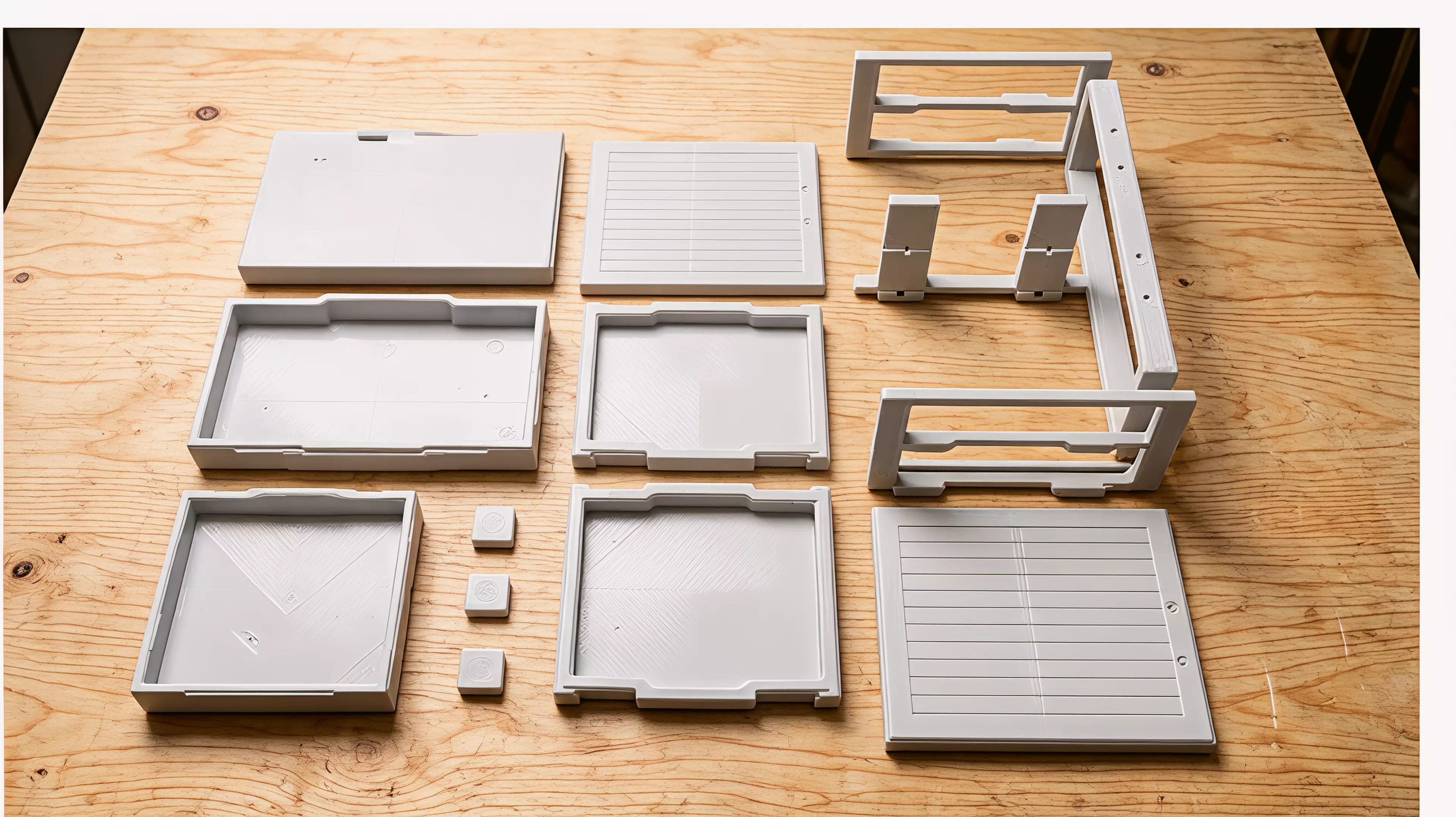 A 9-part FDM-printable 2x2 stacked stand for four 150x150x50.5 mm DGX Spark nodes: a full-height base/spine frame with dual vertical posts, four cantilevered vented shelf trays (fastened with M4 SHCS into heat-set inserts), and four TPU anti-vibration feet — matte tool-grey body with hazard-amber…