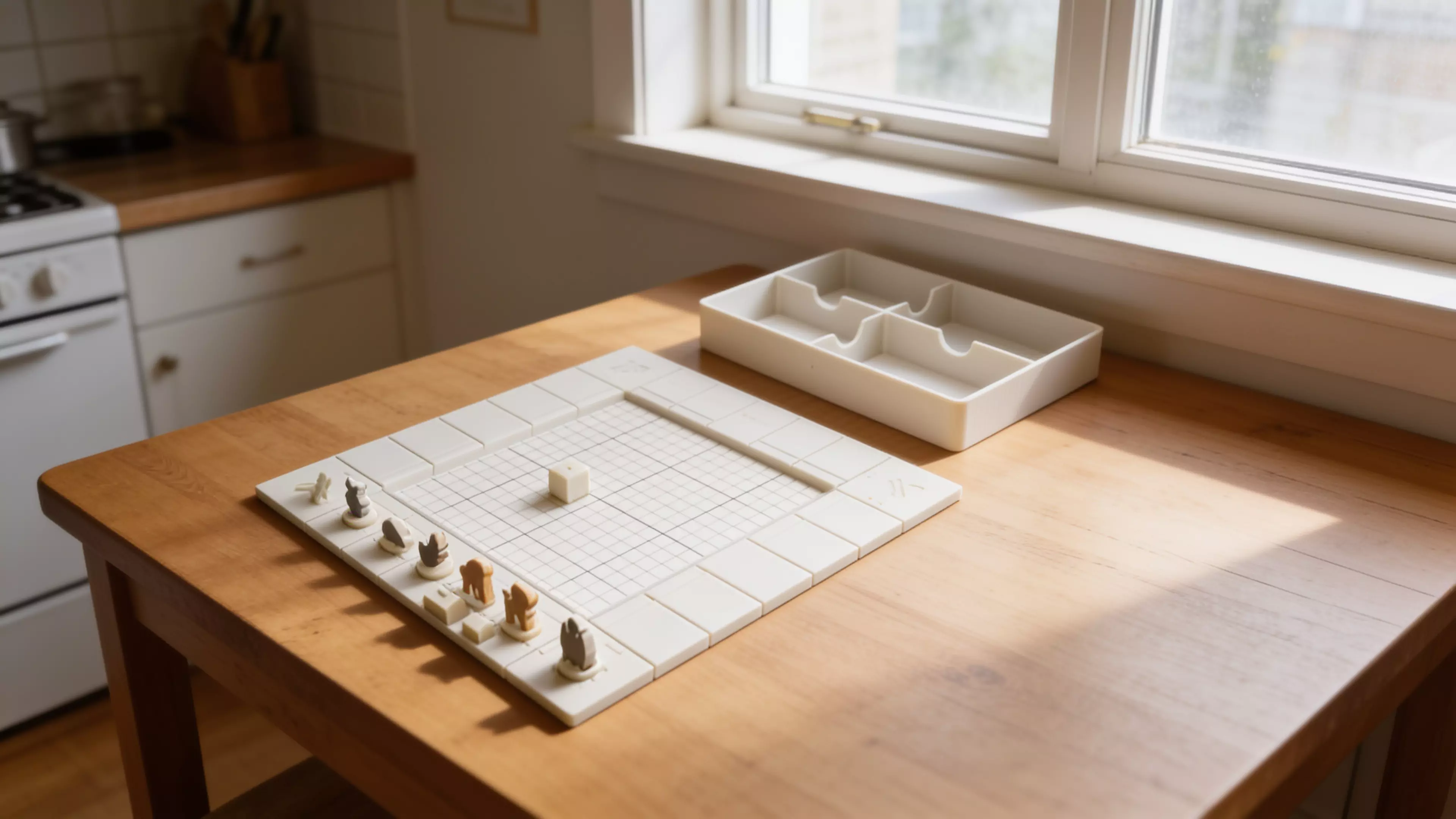 A complete printable set for the game: a 270 × 270 mm snap-together tile board with all 24 spaces engraved, 6 animal tokens (lion, elephant, fox, turtle, panda, eagle), shelter + wildlife-center building pieces, two dice, and a card/money storage tray.