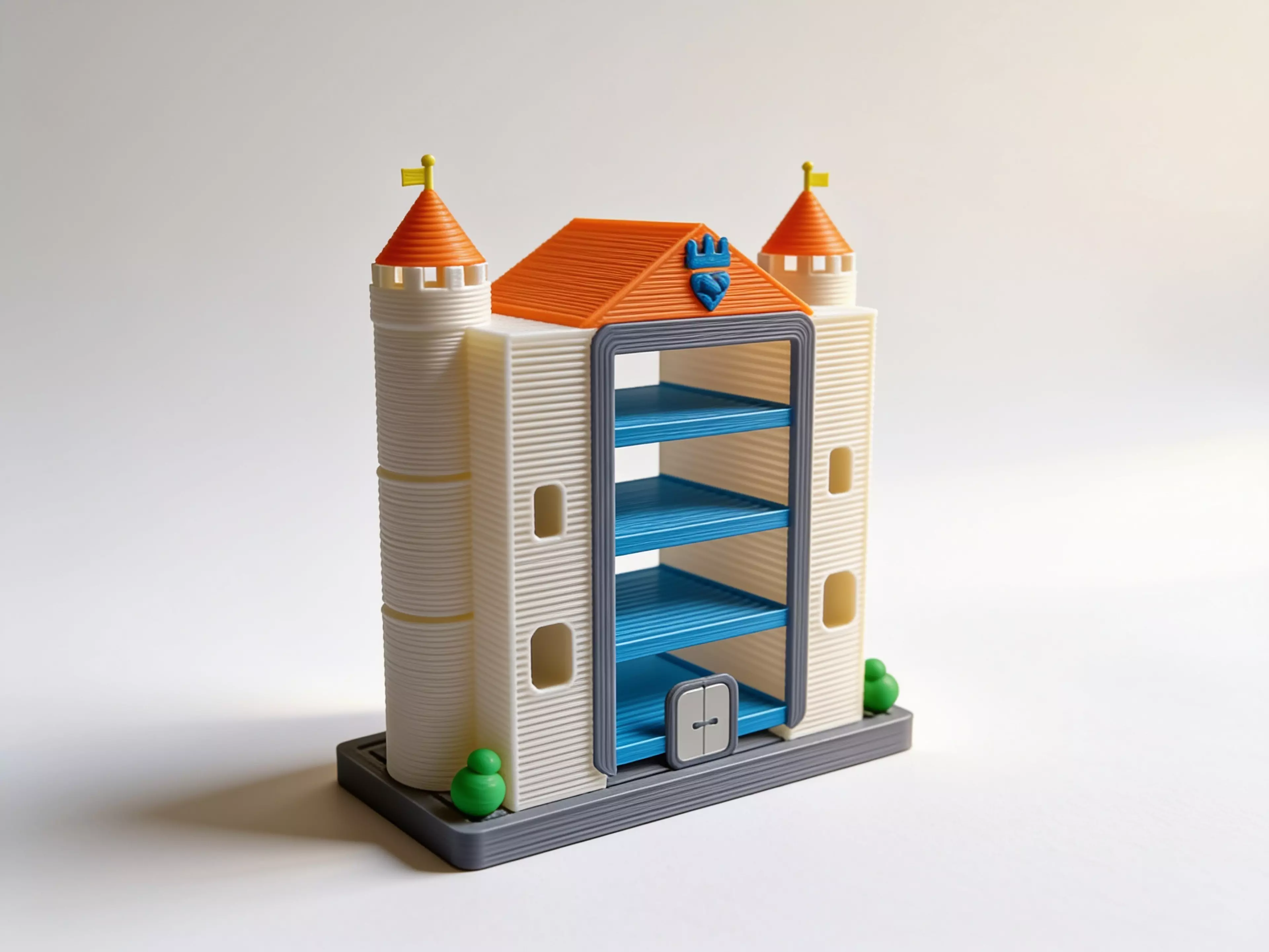 A pastel fantasy-castle display shelf, 380 W × 190 D × ~420 H mm, that holds four NVIDIA DGX Spark units (150 × 150 × 50.5 mm each, ~1.2 kg each) in a four-level, front-and-rear-open chamber flanked by two round towers, printed as ~20 screw-together modules because the whole thing is far larger…