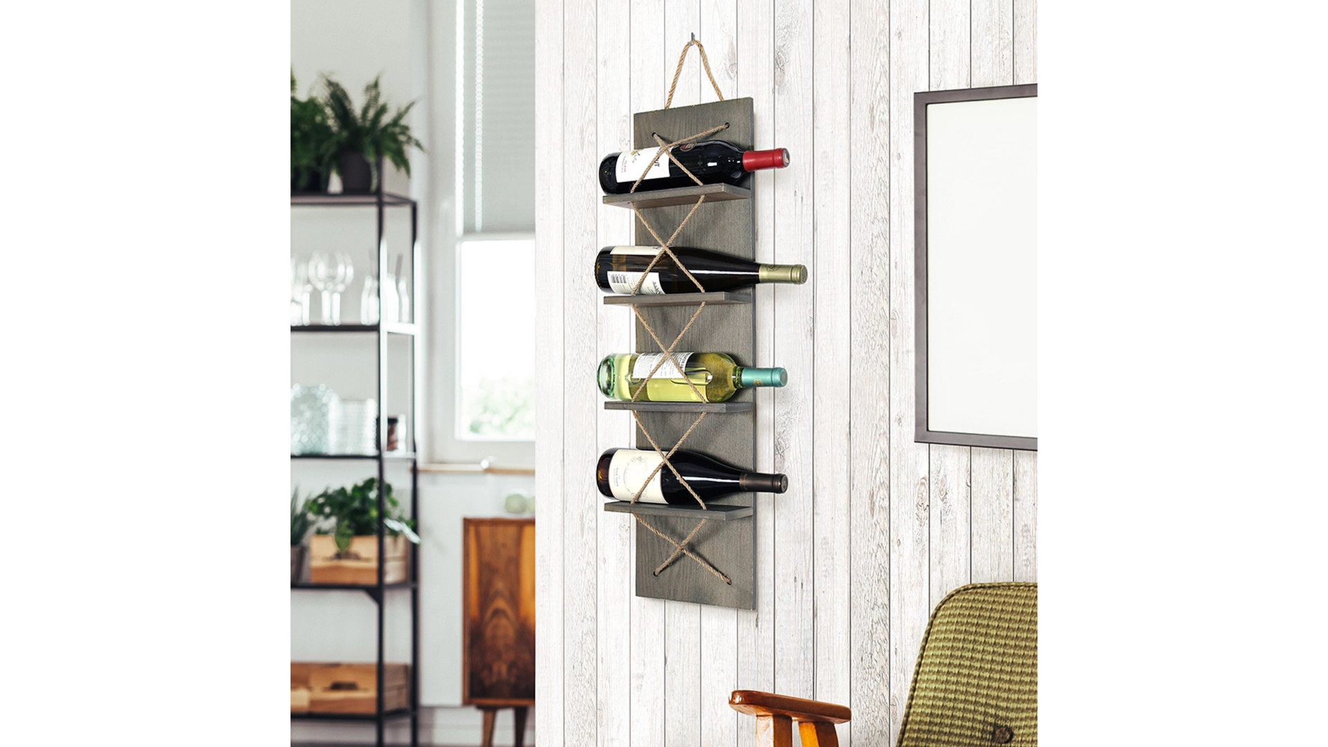 Positano Nautical Rope 4 Bottle Vertical Wall Mounted Wood Wine Rack