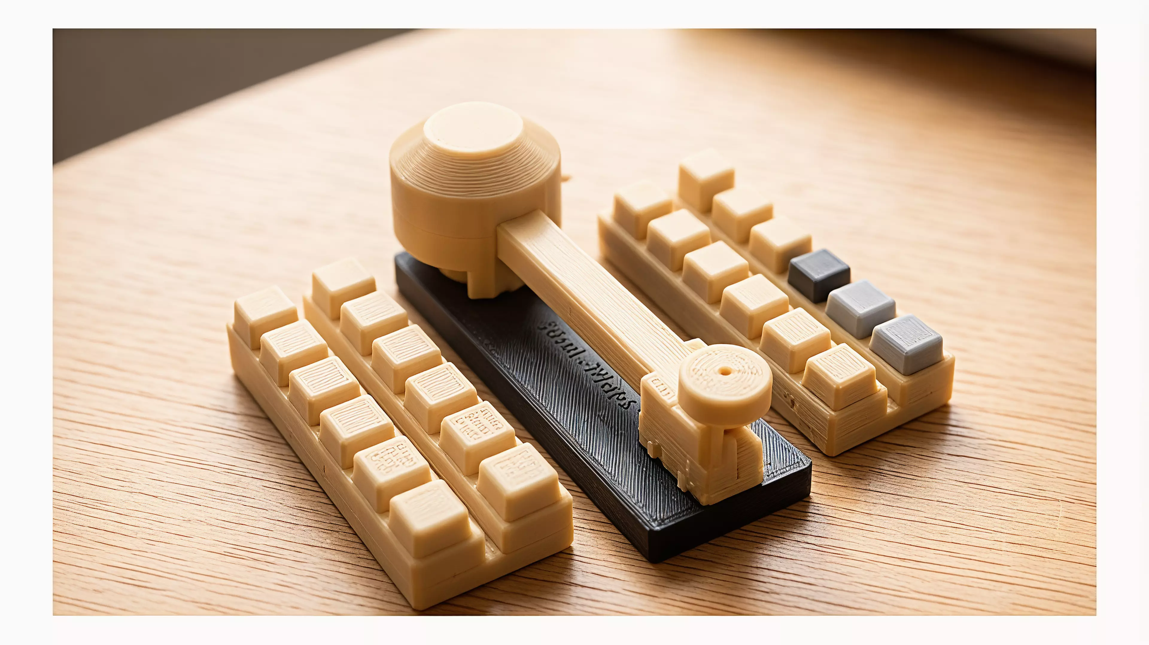 A limbo bar for solid objects. Every round, the player in last place turns a hooded knob in secret, dropping a loose bar by 1, 2, or 3 mm, and then everyone commits a block from their own stock at the same instant, blind. Cups lift together; the tallest block that slides through without touching the bar wins the round and joins your score line, and a block that touches is gone for good. Nothing is marked and nothing is written down mid-round, the bar itself is the only judge. 2-4 players, 20 min, ages 14+. The complete rules ship with the files as RULES.md. By Bob.